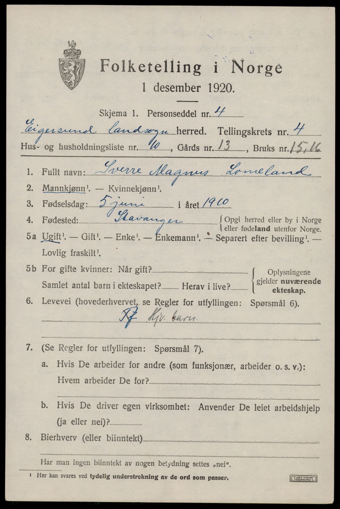 SAST, Folketelling 1920 for 1116 Eigersund herred, 1920, s. 2923