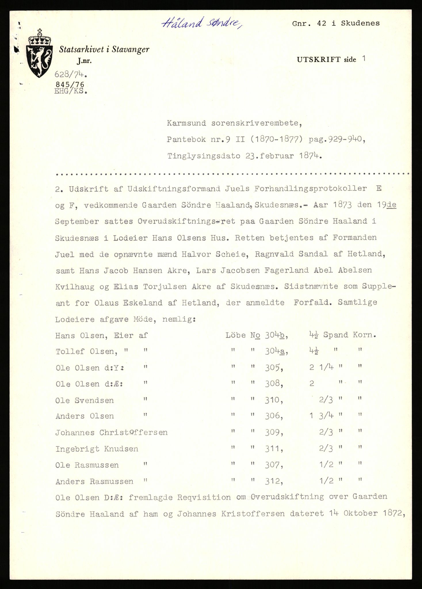 Statsarkivet i Stavanger, AV/SAST-A-101971/03/Y/Yj/L0043: Avskrifter sortert etter gårdsnavn: Håland - Håvågs laksefiskeri, 1750-1930, s. 131