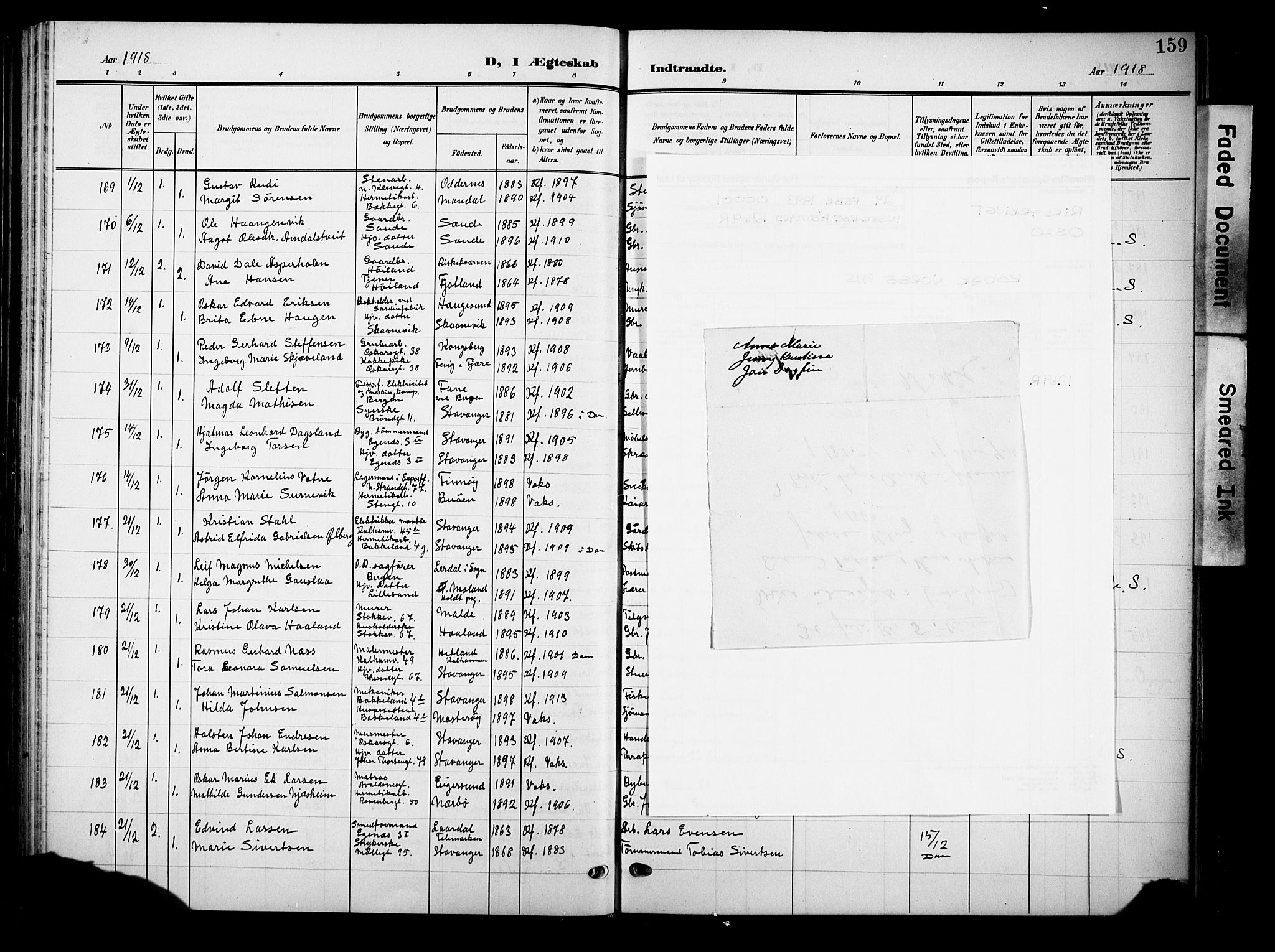 Domkirken sokneprestkontor, SAST/A-101812/001/30/30BB/L0017: Klokkerbok nr. B 17, 1902-1921, s. 159