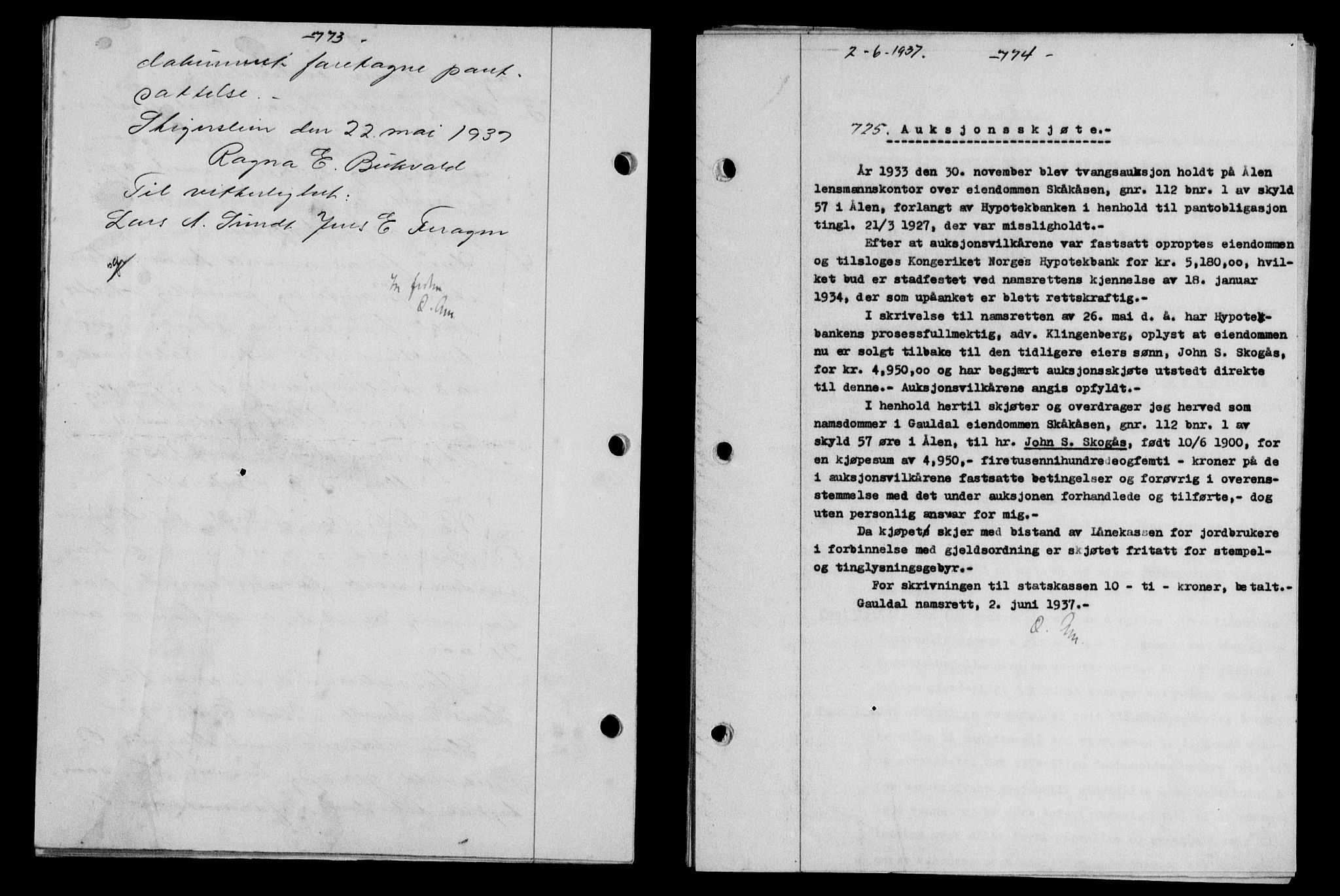 Gauldal sorenskriveri, SAT/A-0014/1/2/2C/L0047: Pantebok nr. 50-51, 1937-1937, Dagboknr: 725/1937