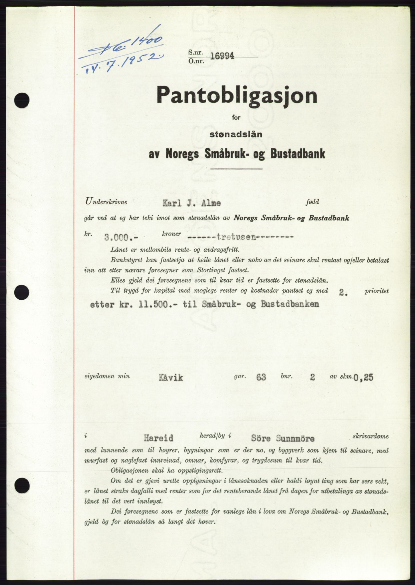 Søre Sunnmøre sorenskriveri, AV/SAT-A-4122/1/2/2C/L0121: Pantebok nr. 9B, 1951-1952, Dagboknr: 1400/1952