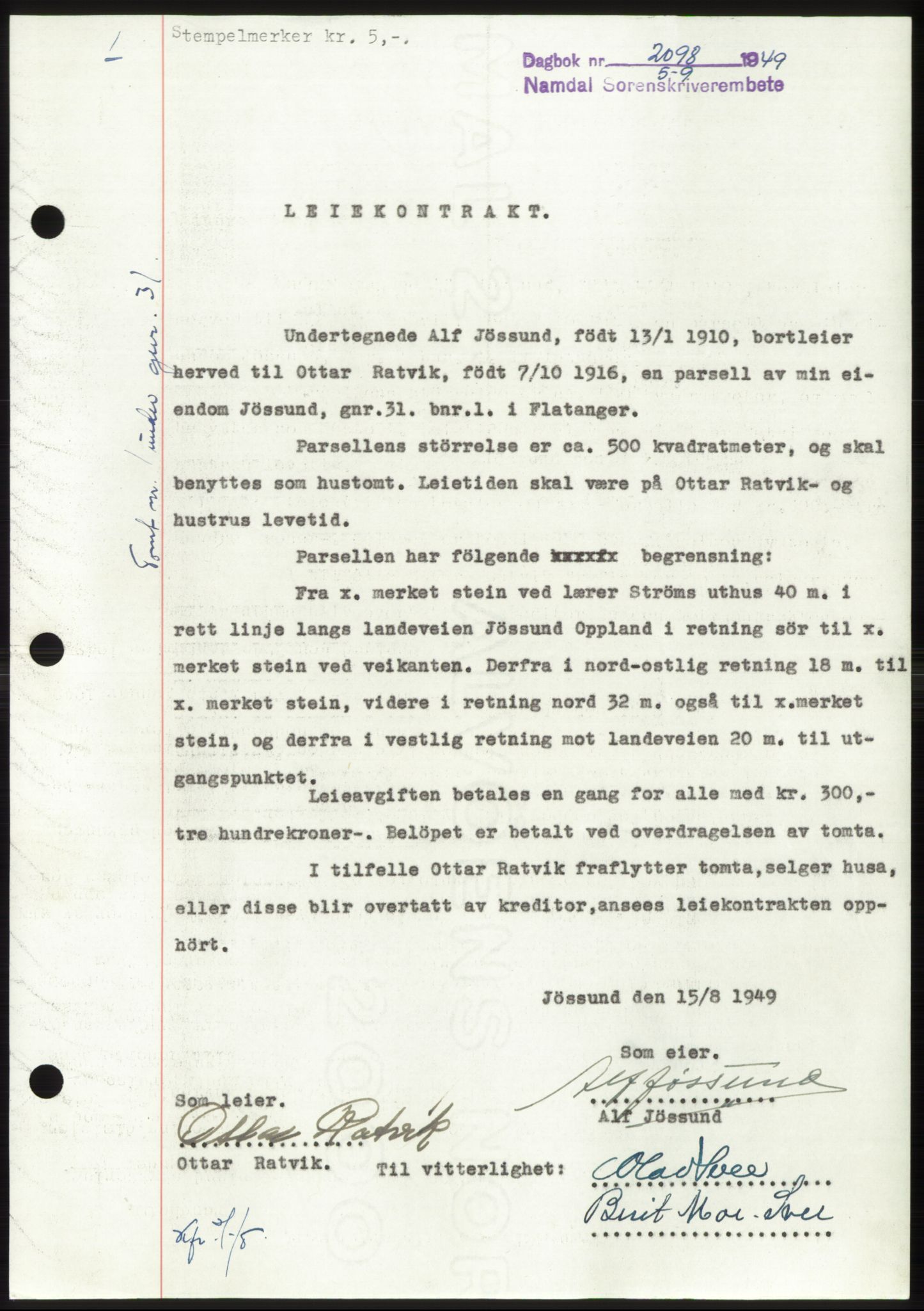 Namdal sorenskriveri, SAT/A-4133/1/2/2C: Pantebok nr. -, 1949-1949, Dagboknr: 2098/1949