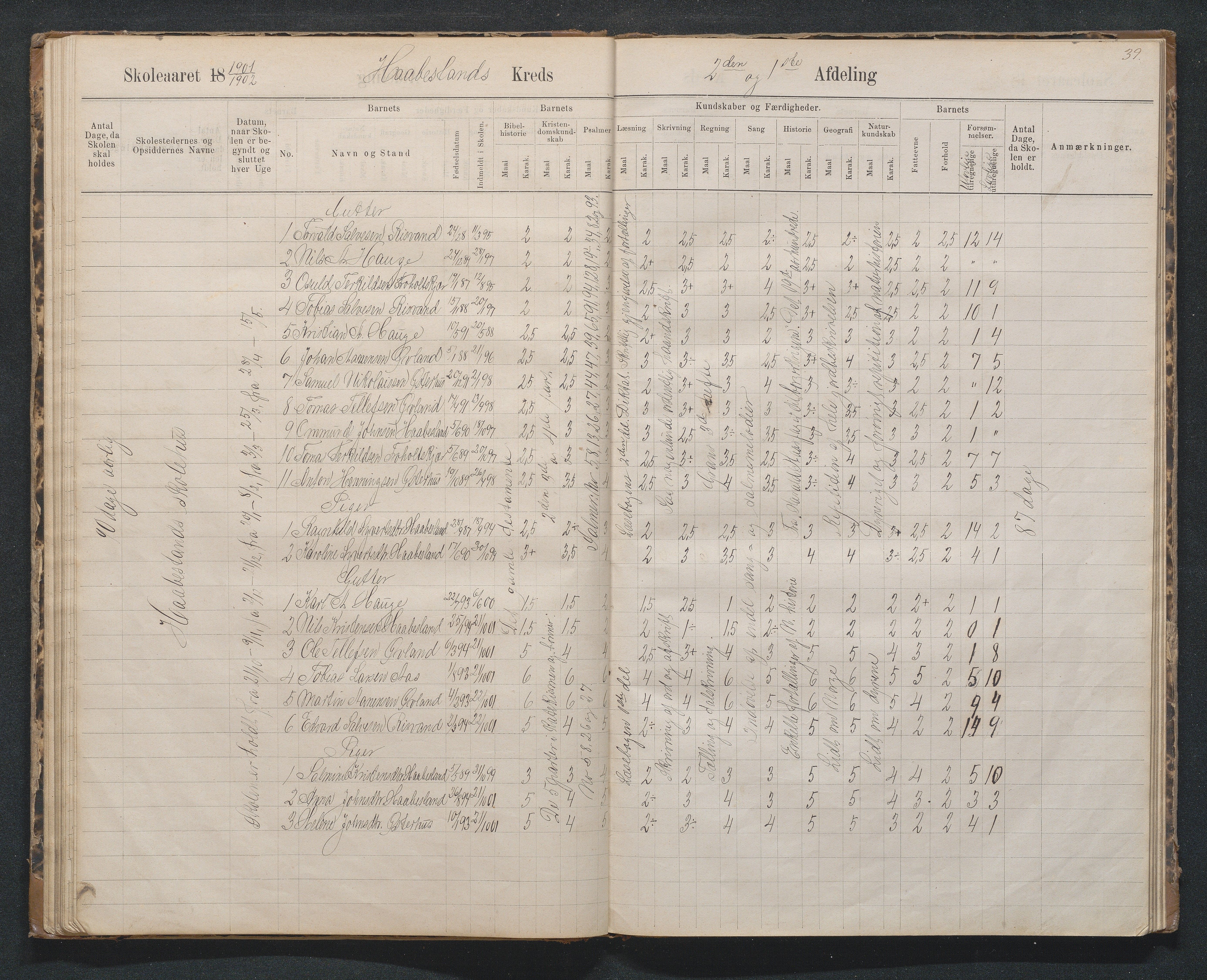 Birkenes kommune, Håbesland, Holte og Rislå skolekretser frem til 1991, AAKS/KA0928-550c_91/F02/L0002: Skoleprotokoll Håbesland, Holte og Rislå, 1888-1917, s. 39