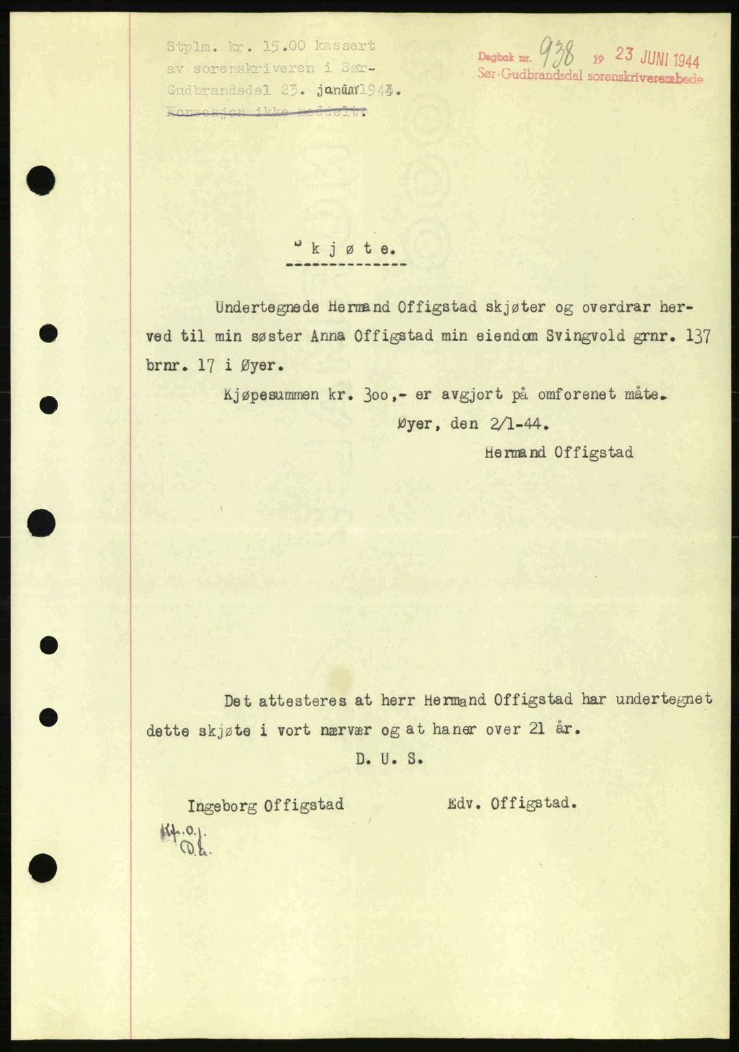 Sør-Gudbrandsdal tingrett, SAH/TING-004/H/Hb/Hbd/L0013: Pantebok nr. A13, 1944-1944, Dagboknr: 938/1944