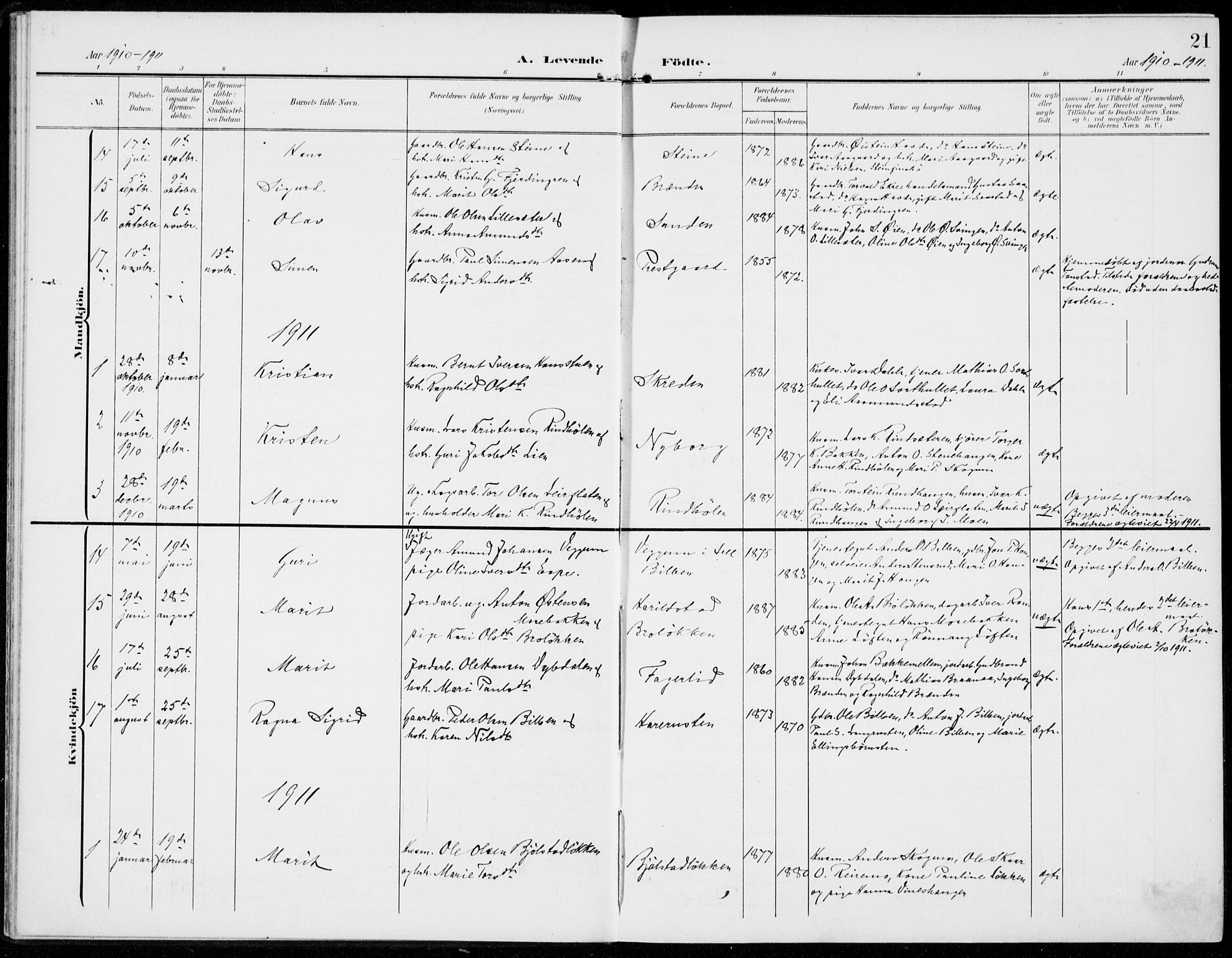 Sel prestekontor, AV/SAH-PREST-074/H/Ha/Haa/L0001: Ministerialbok nr. 1, 1905-1922, s. 21