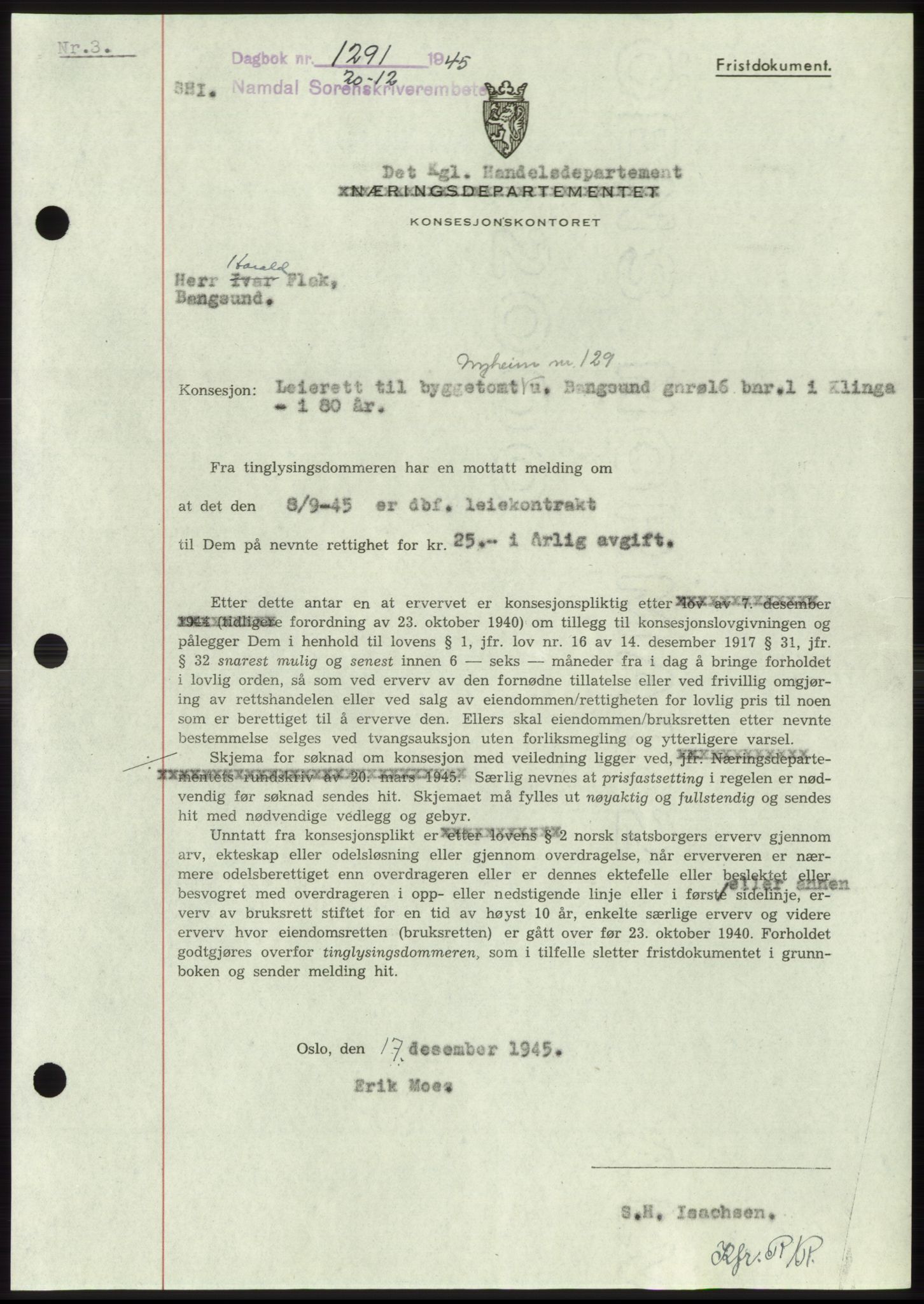 Namdal sorenskriveri, SAT/A-4133/1/2/2C: Pantebok nr. -, 1944-1945, Dagboknr: 1291/1945