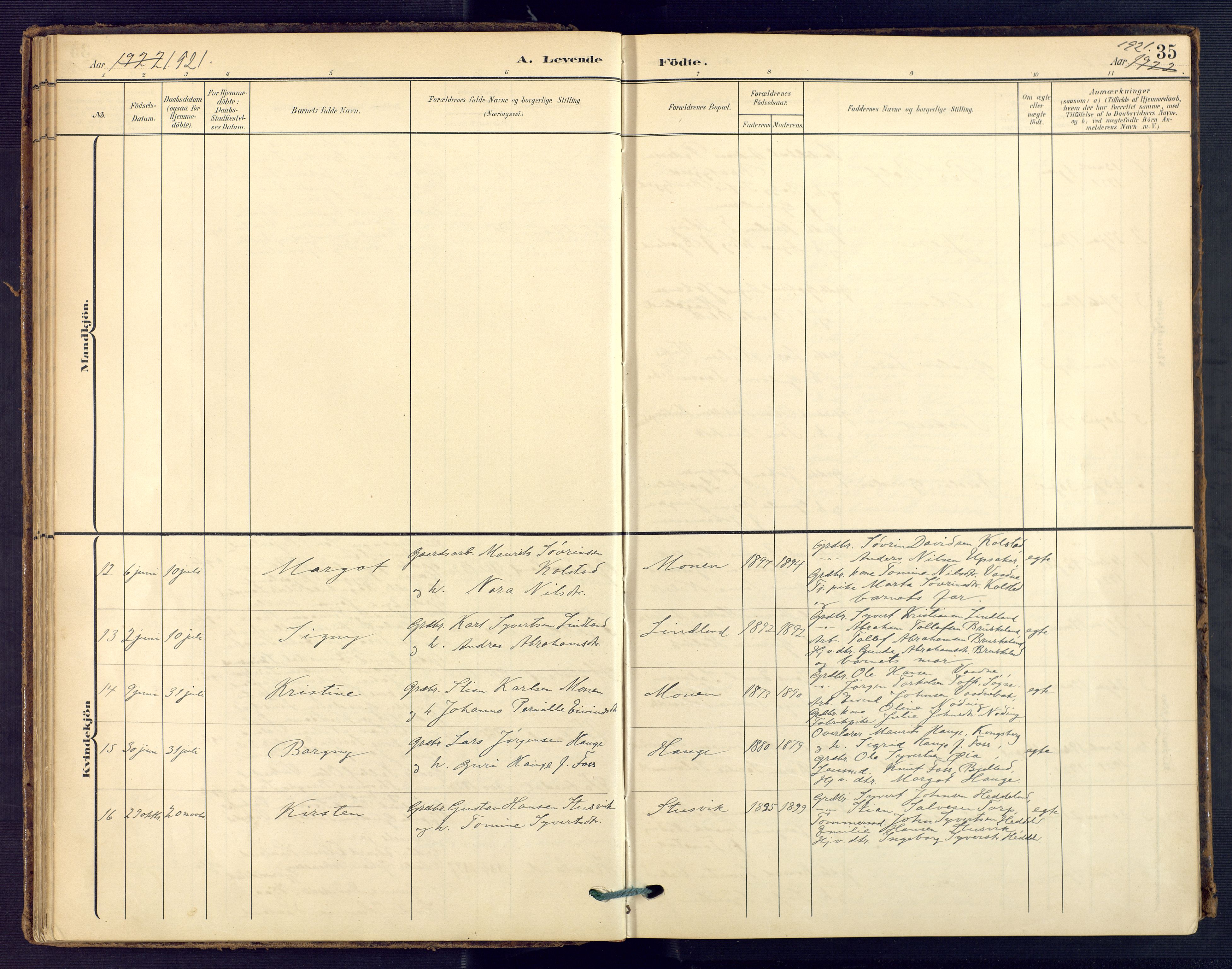 Holum sokneprestkontor, SAK/1111-0022/F/Fa/Faa/L0008: Ministerialbok nr. A 8, 1908-1929, s. 35