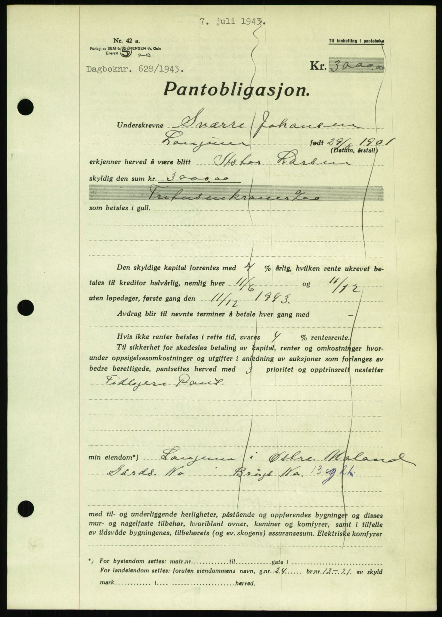 Nedenes sorenskriveri, SAK/1221-0006/G/Gb/Gbb/L0002: Pantebok nr. II, 1942-1945, Dagboknr: 628/1943