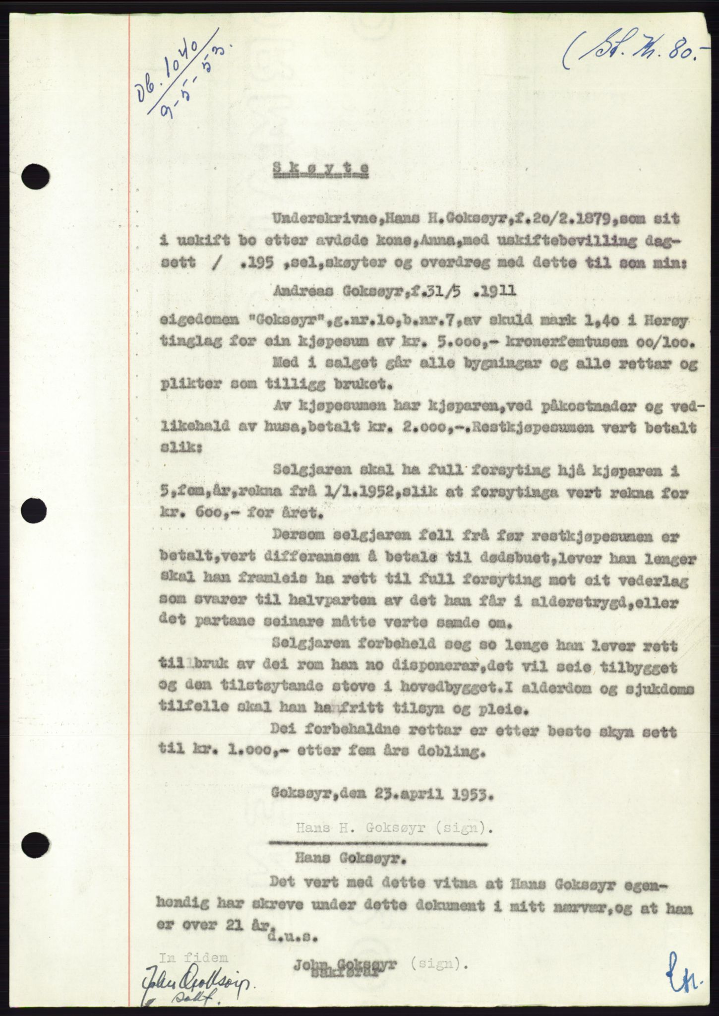 Søre Sunnmøre sorenskriveri, SAT/A-4122/1/2/2C/L0094: Pantebok nr. 20A, 1953-1953, Dagboknr: 1040/1953