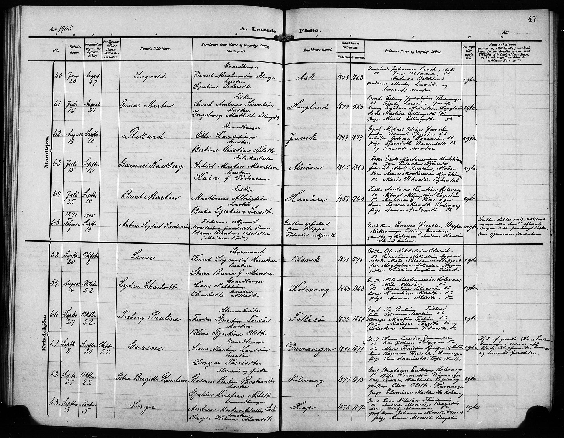 Askøy Sokneprestembete, AV/SAB-A-74101/H/Ha/Hab/Haba/L0010: Klokkerbok nr. A 10, 1903-1907, s. 47