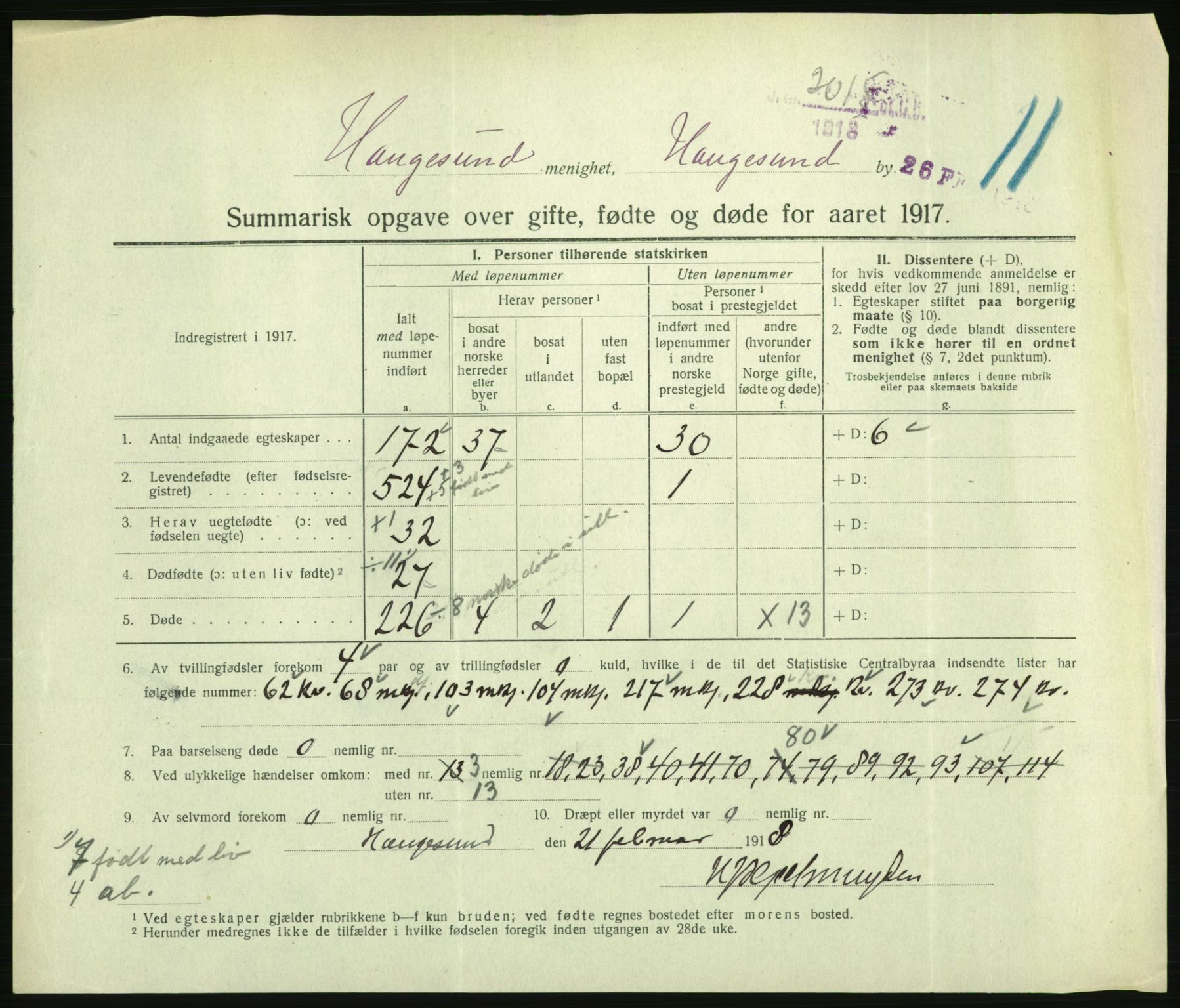 Statistisk sentralbyrå, Sosiodemografiske emner, Befolkning, AV/RA-S-2228/D/Df/Dfb/Dfbg/L0056: Summariske oppgaver over gifte, fødte og døde for hele landet., 1917, s. 773