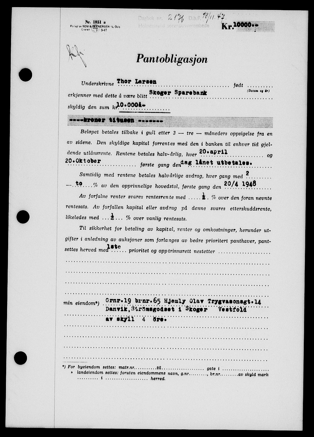 Holmestrand sorenskriveri, SAKO/A-67/G/Ga/Gab/L0058: Pantebok nr. B-58, 1947-1948, Dagboknr: 2176/1947