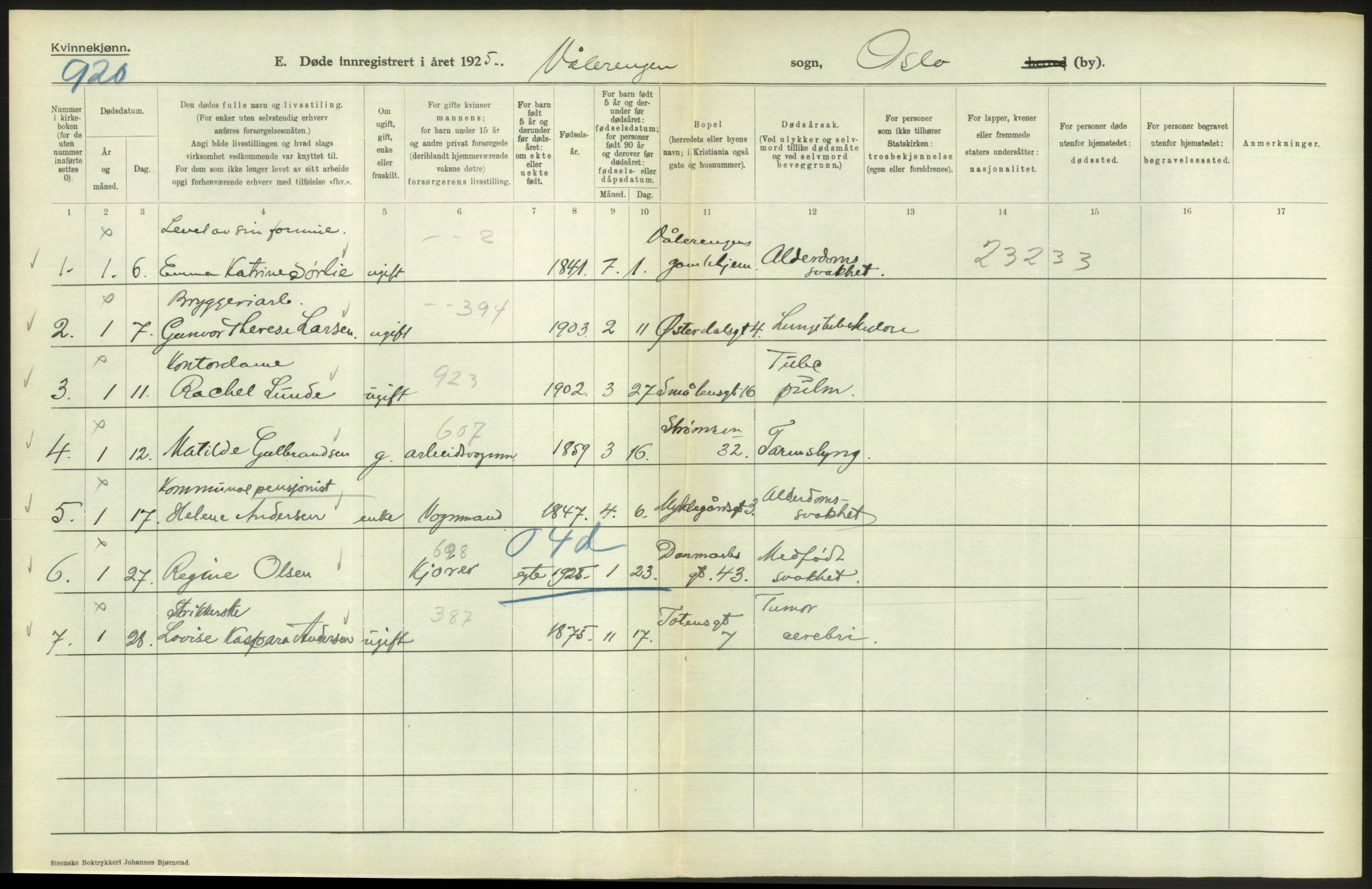 Statistisk sentralbyrå, Sosiodemografiske emner, Befolkning, AV/RA-S-2228/D/Df/Dfc/Dfce/L0010: Oslo: Døde kvinner, dødfødte, 1925, s. 462