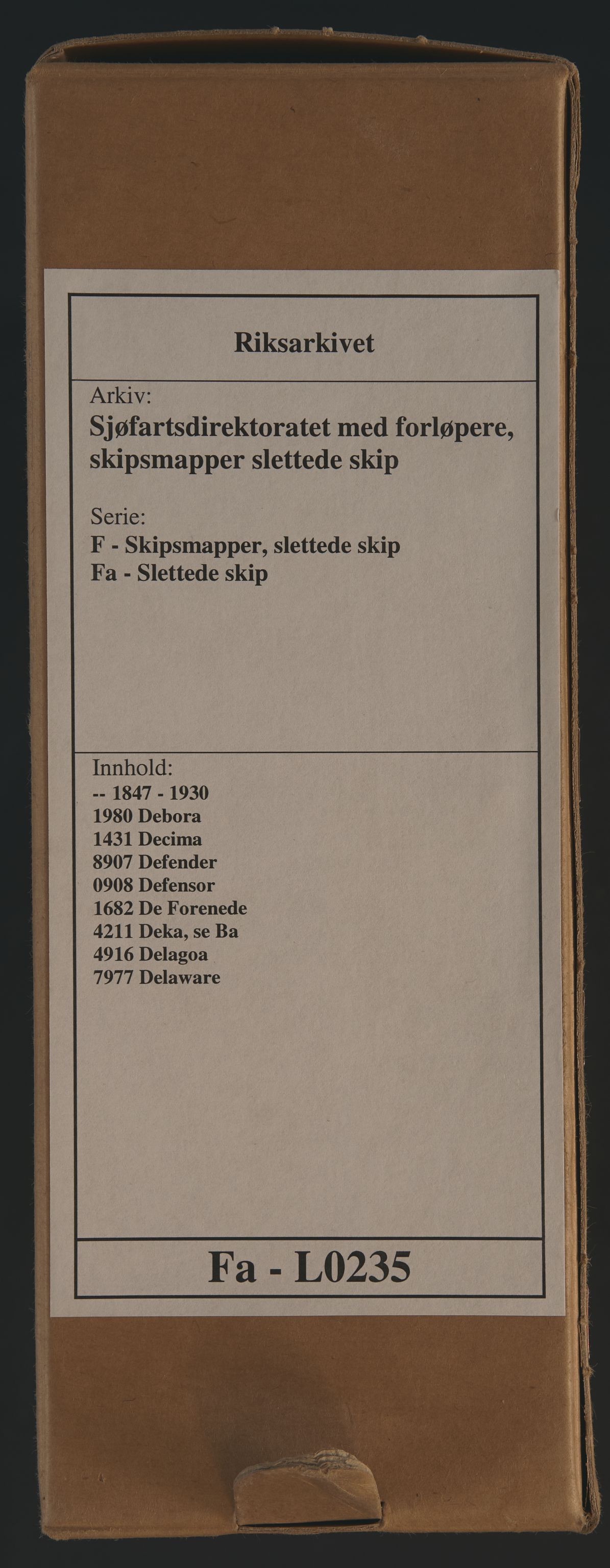 Sjøfartsdirektoratet med forløpere, skipsmapper slettede skip, RA/S-4998/F/Fa/L0235: --, 1847-1930, s. 1