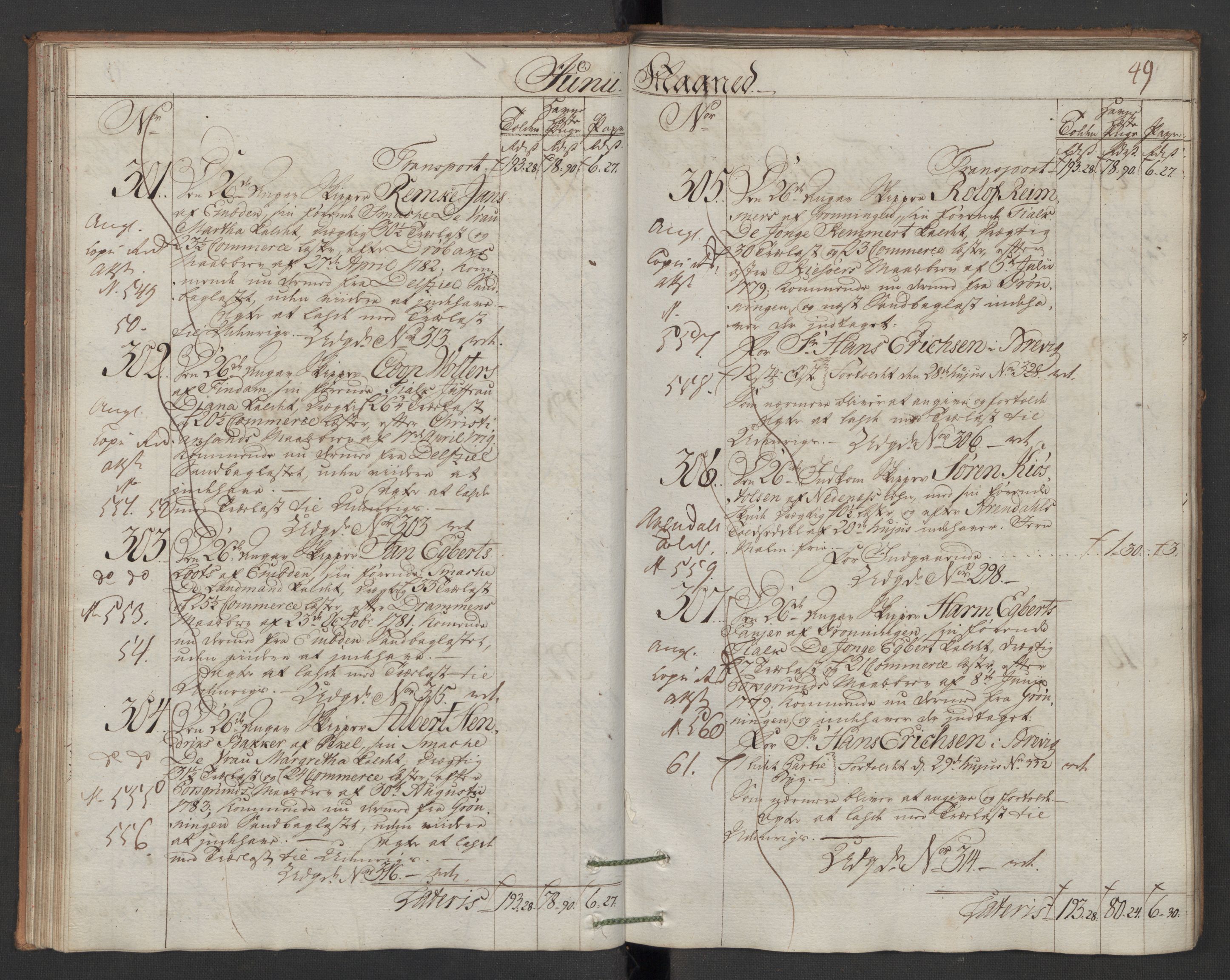 Generaltollkammeret, tollregnskaper, AV/RA-EA-5490/R12/L0118/0001: Tollregnskaper Langesund / Inngående hovedtollbok, 1786, s. 48b-49a