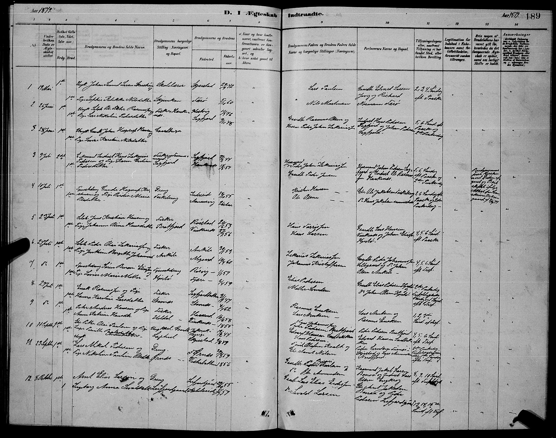 Ministerialprotokoller, klokkerbøker og fødselsregistre - Nordland, SAT/A-1459/853/L0776: Klokkerbok nr. 853C04, 1878-1889, s. 189
