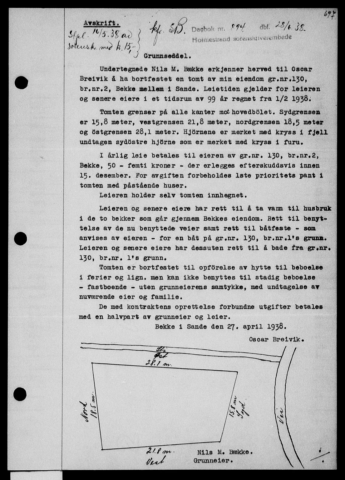 Holmestrand sorenskriveri, SAKO/A-67/G/Ga/Gaa/L0049: Pantebok nr. A-49, 1937-1938, Dagboknr: 894/1938