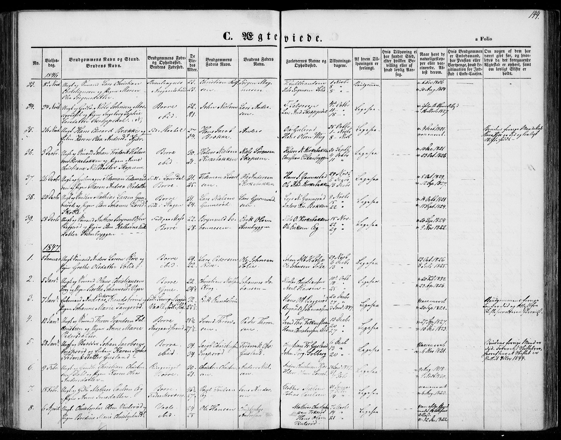 Borre kirkebøker, AV/SAKO-A-338/F/Fa/L0005: Ministerialbok nr. I 5, 1845-1851, s. 144