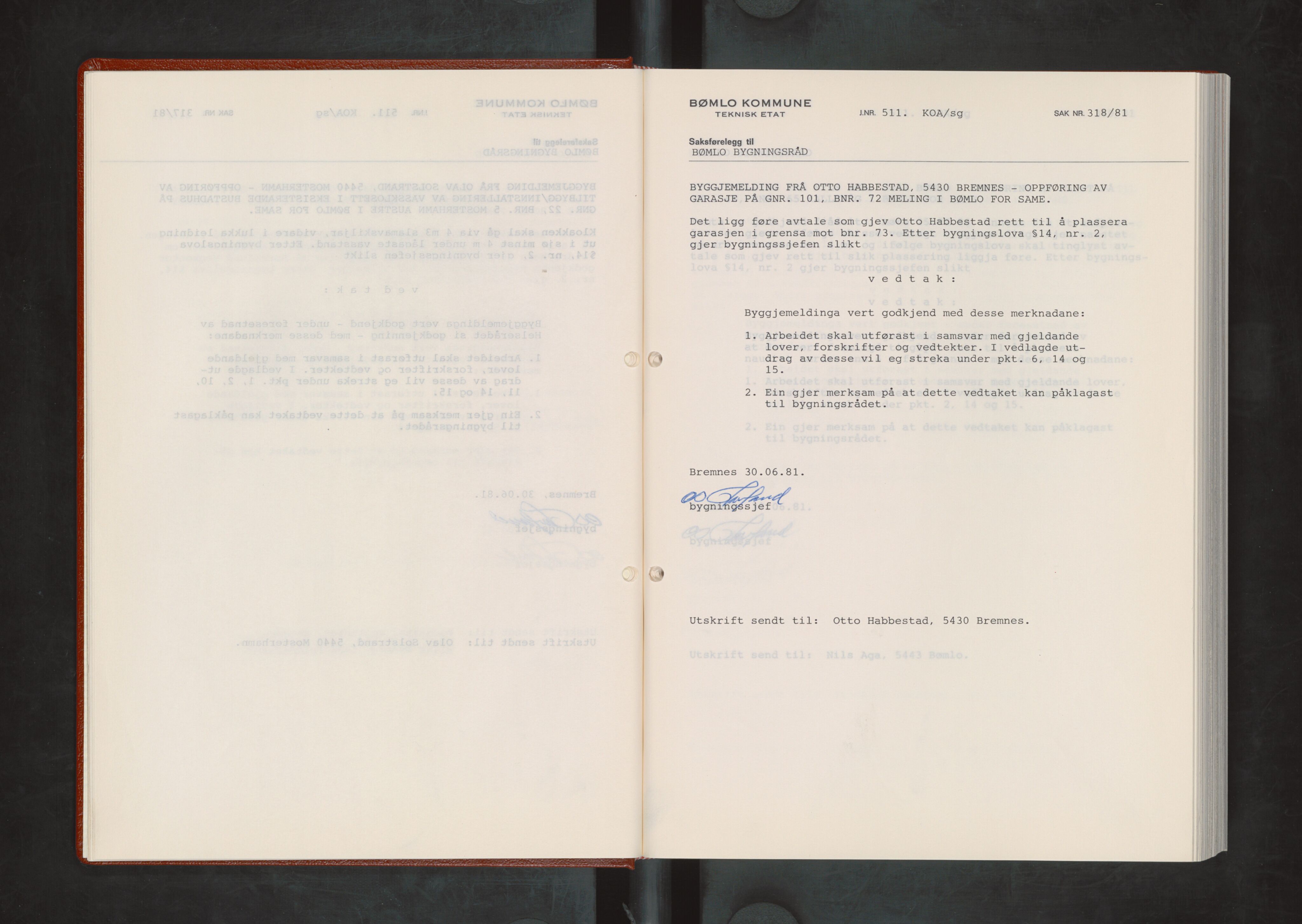 Bømlo kommune. Bygningsrådet , IKAH/1219-511/A/Aa/L0028: Møtebok for Bømlo bygningsråd, 1981