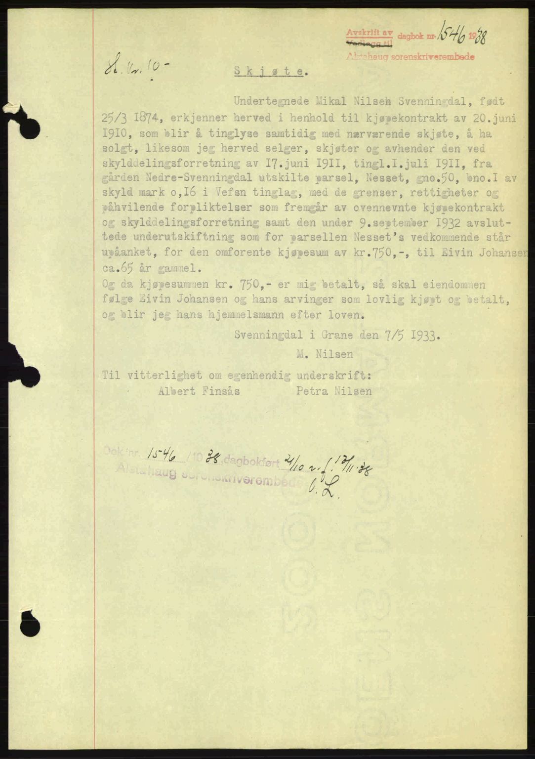 Alstahaug sorenskriveri, SAT/A-1009: Pantebok nr. A3, 1937-1938, Dagboknr: 1546/1938