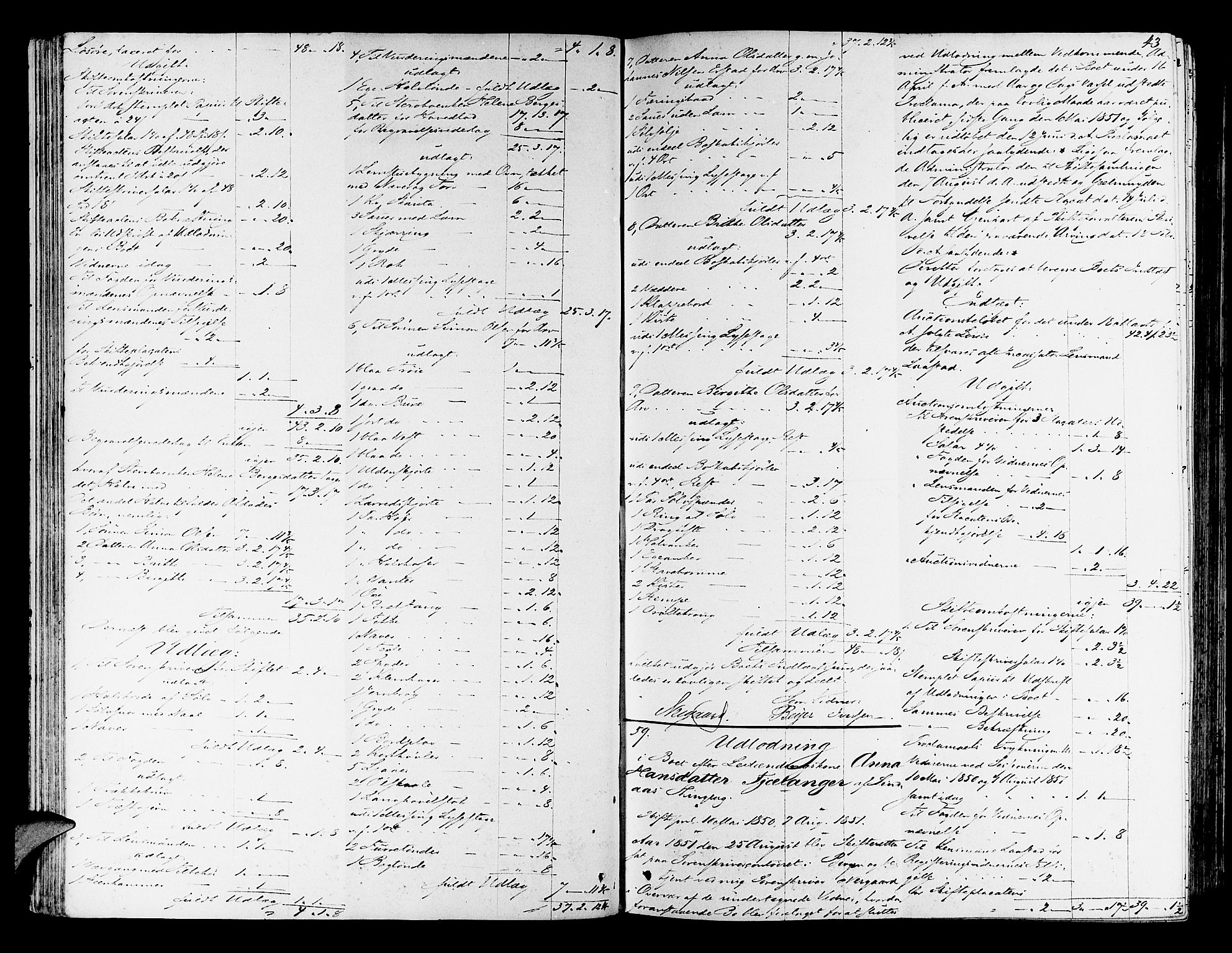 Nordhordland sorenskrivar, AV/SAB-A-2901/1/H/Hd/Hda/L0005: Skifteutlodningsprotokollar, 1851-1857, s. 42b-43a