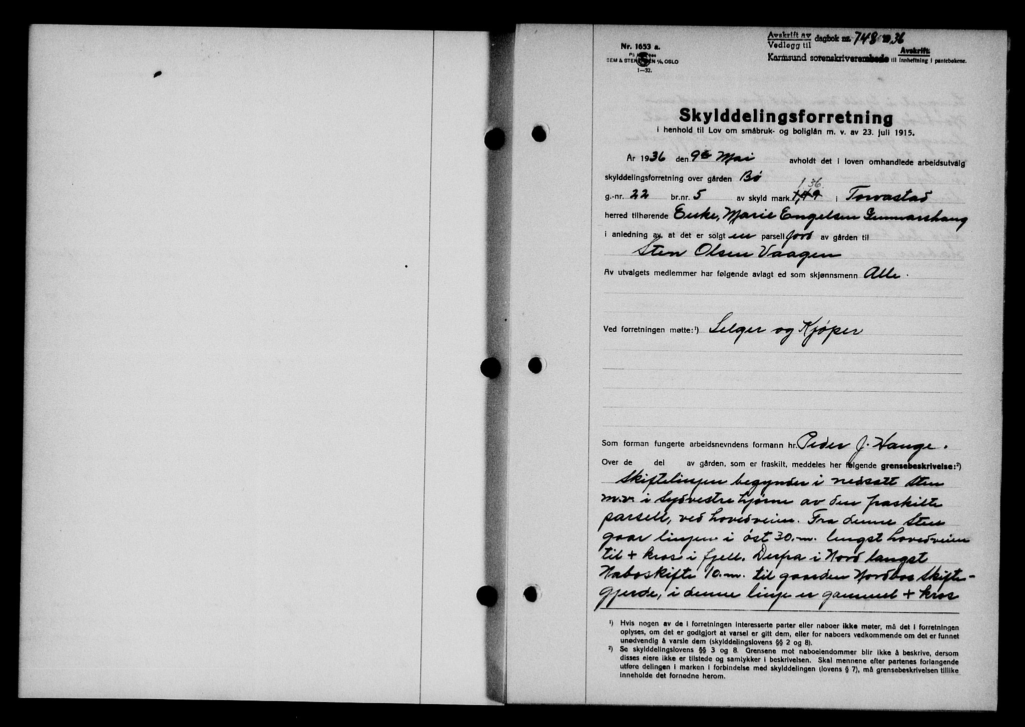 Karmsund sorenskriveri, SAST/A-100311/01/II/IIB/L0066: Pantebok nr. 47A, 1936-1936, Dagboknr: 748/1936