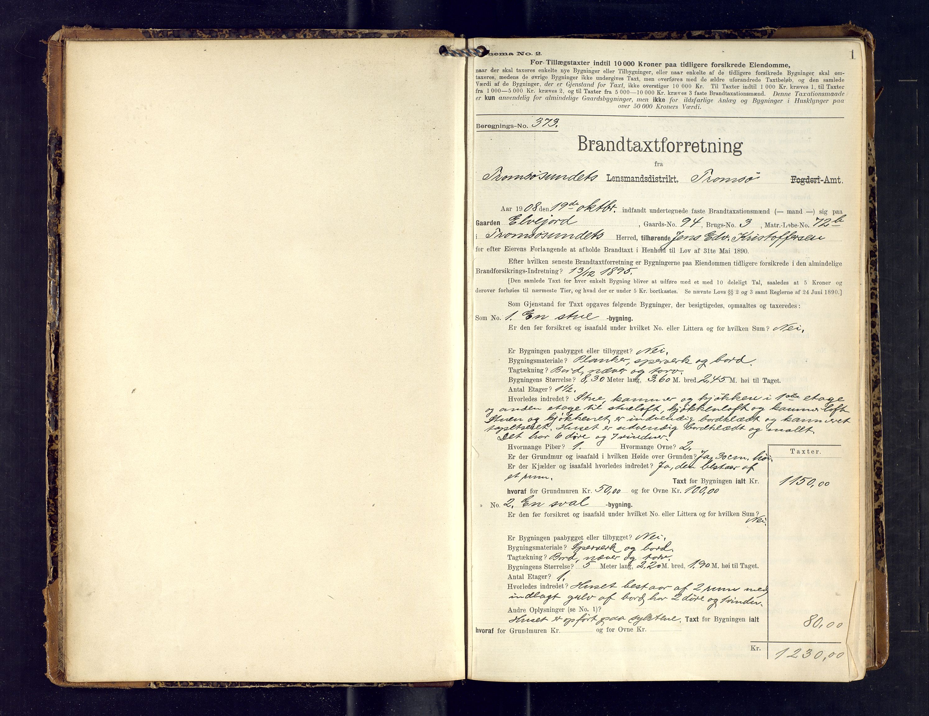 Tromsøysund lensmannskontor, AV/SATØ-SATØ-12/F/Fs/Fsb/L0738: Branntakstprotokoll (S).  Med register, 1908-1913, s. 1