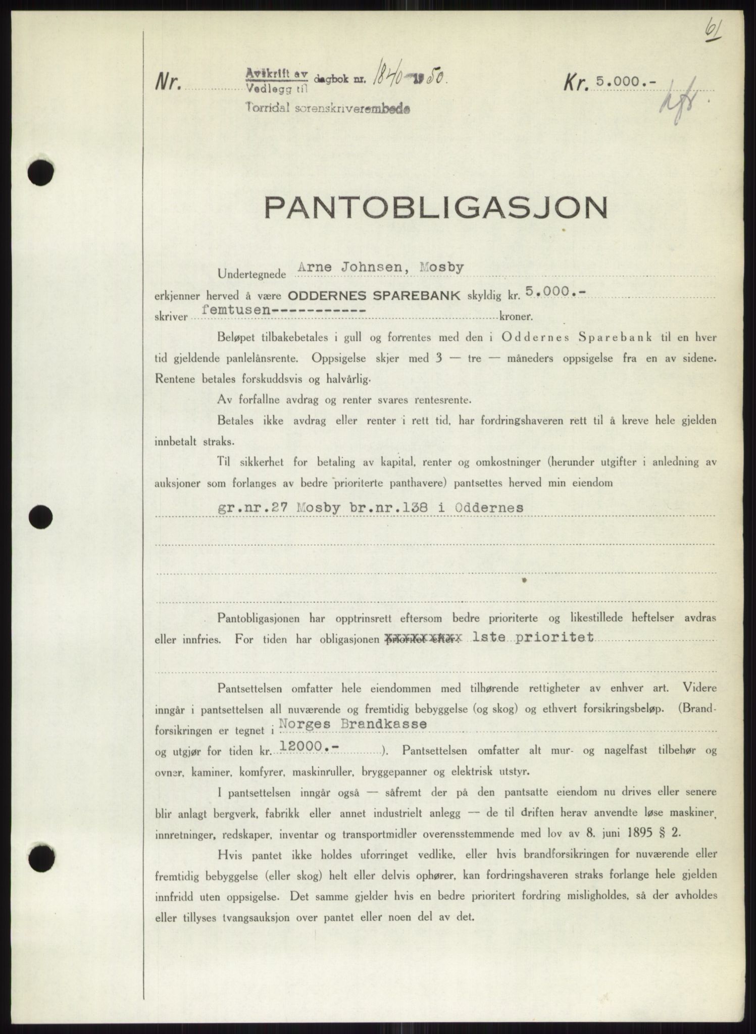 Torridal sorenskriveri, SAK/1221-0012/G/Gb/Gbb/L0020: Pantebok nr. 63B, 1950-1950, Dagboknr: 1840/1950