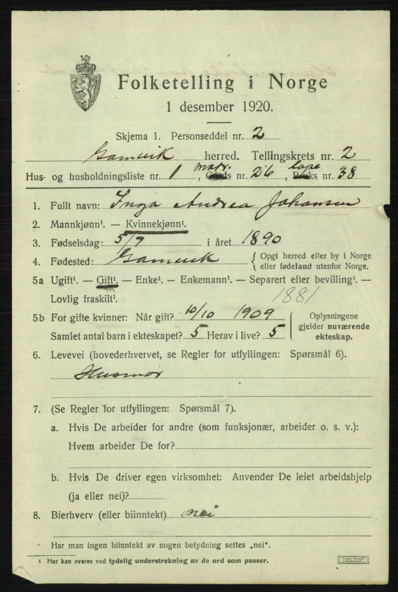 SATØ, Folketelling 1920 for 2023 Gamvik herred, 1920, s. 1522