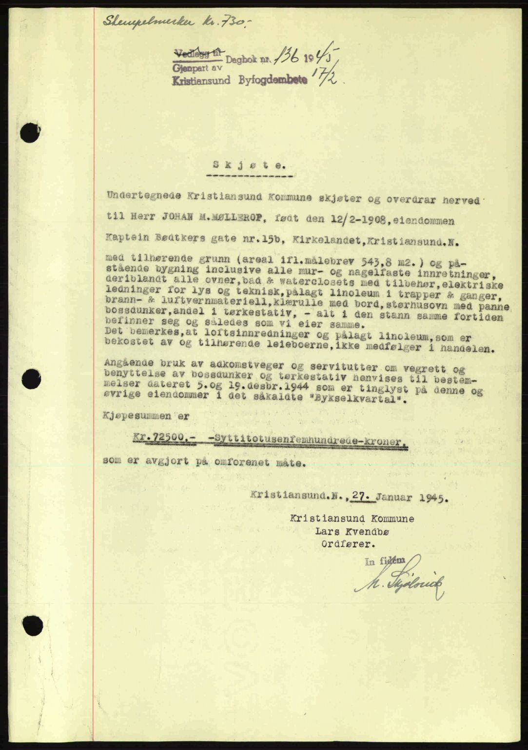 Kristiansund byfogd, AV/SAT-A-4587/A/27: Pantebok nr. 34, 1941-1945, Dagboknr: 136/1945