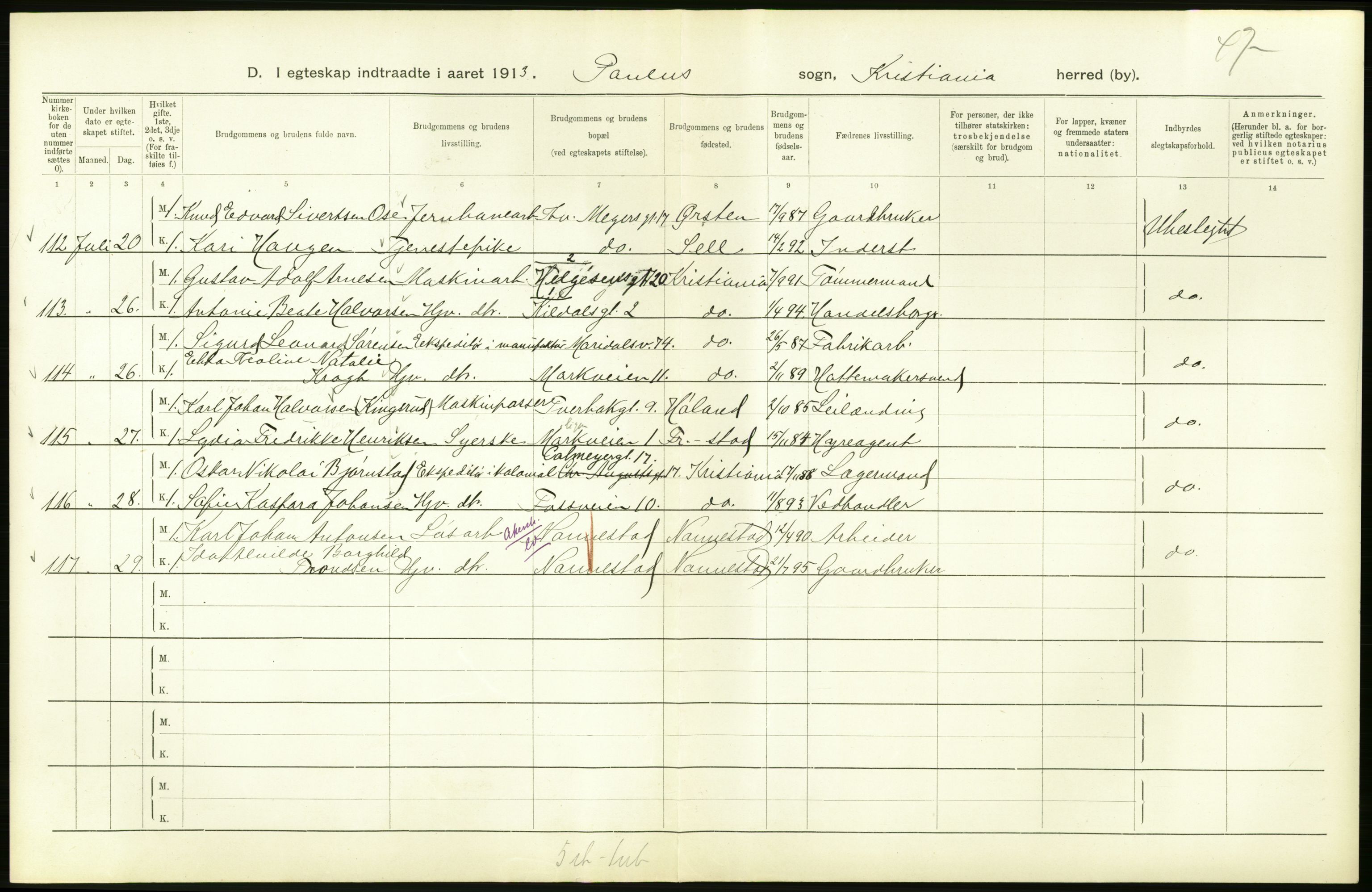 Statistisk sentralbyrå, Sosiodemografiske emner, Befolkning, AV/RA-S-2228/D/Df/Dfb/Dfbc/L0008: Kristiania: Gifte., 1913, s. 308