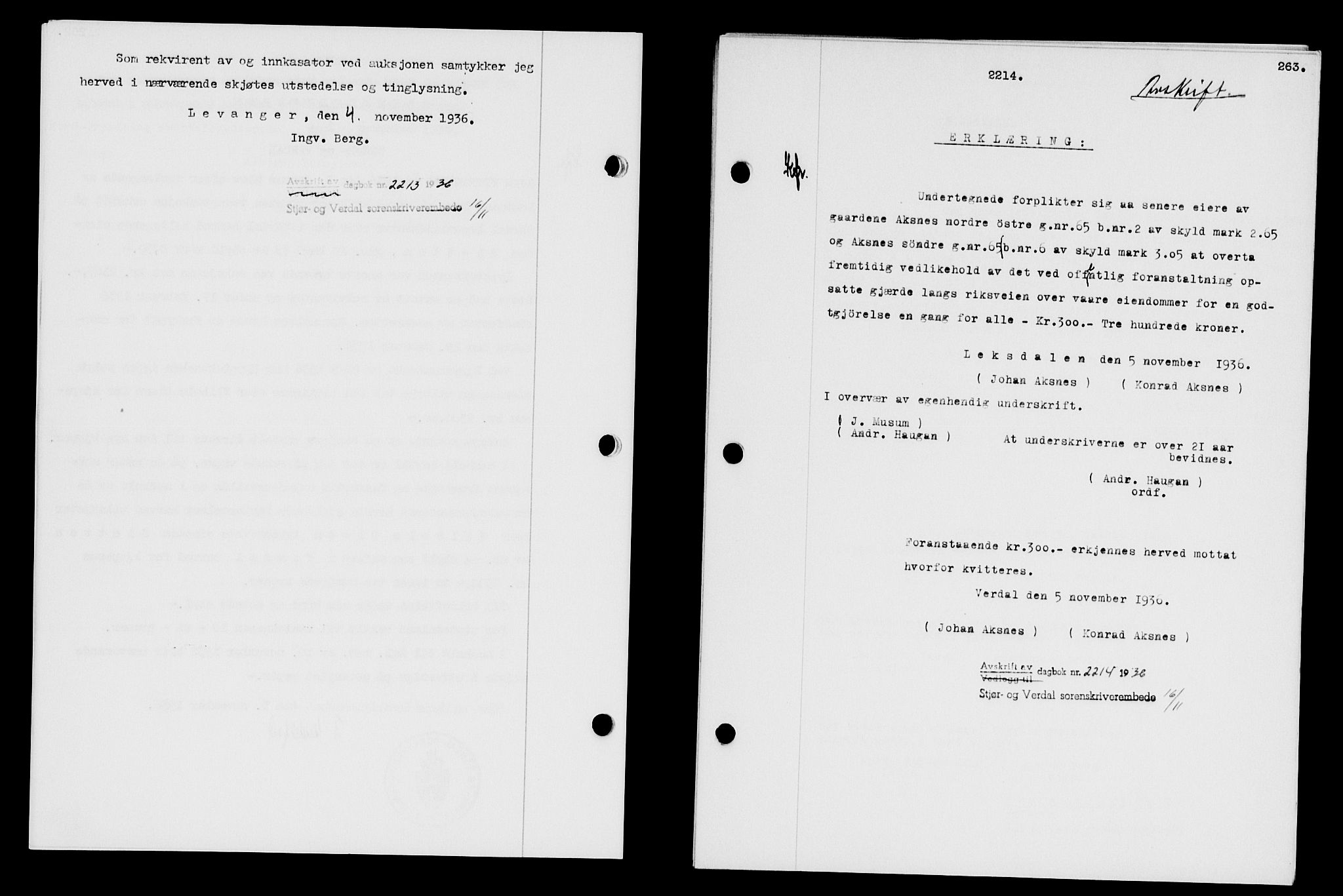 Stjør- og Verdal sorenskriveri, SAT/A-4167/1/2/2C/L0078: Pantebok nr. 46, 1936-1937, Dagboknr: 2214/1936