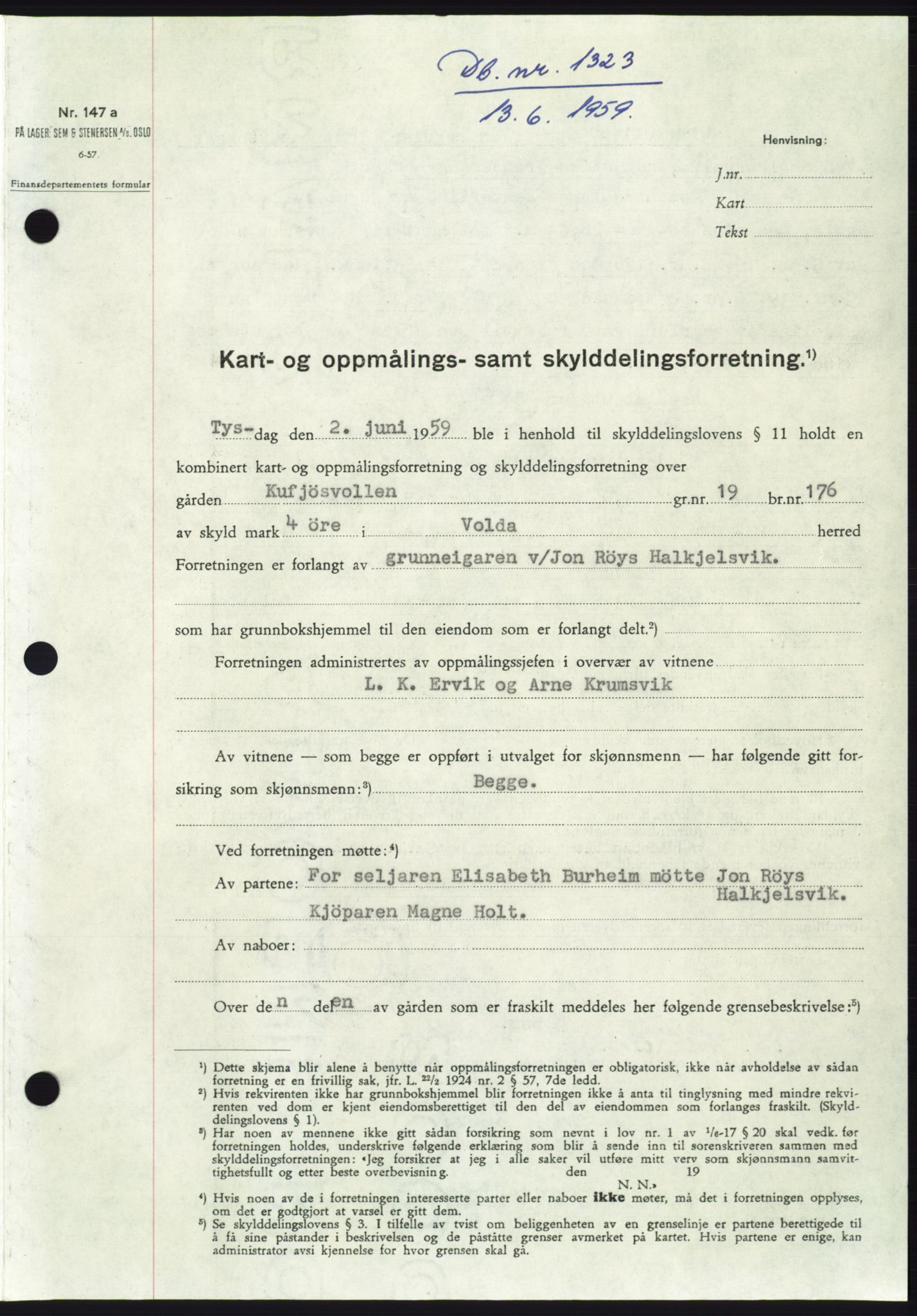 Søre Sunnmøre sorenskriveri, SAT/A-4122/1/2/2C/L0112: Pantebok nr. 38A, 1959-1959, Dagboknr: 1323/1959