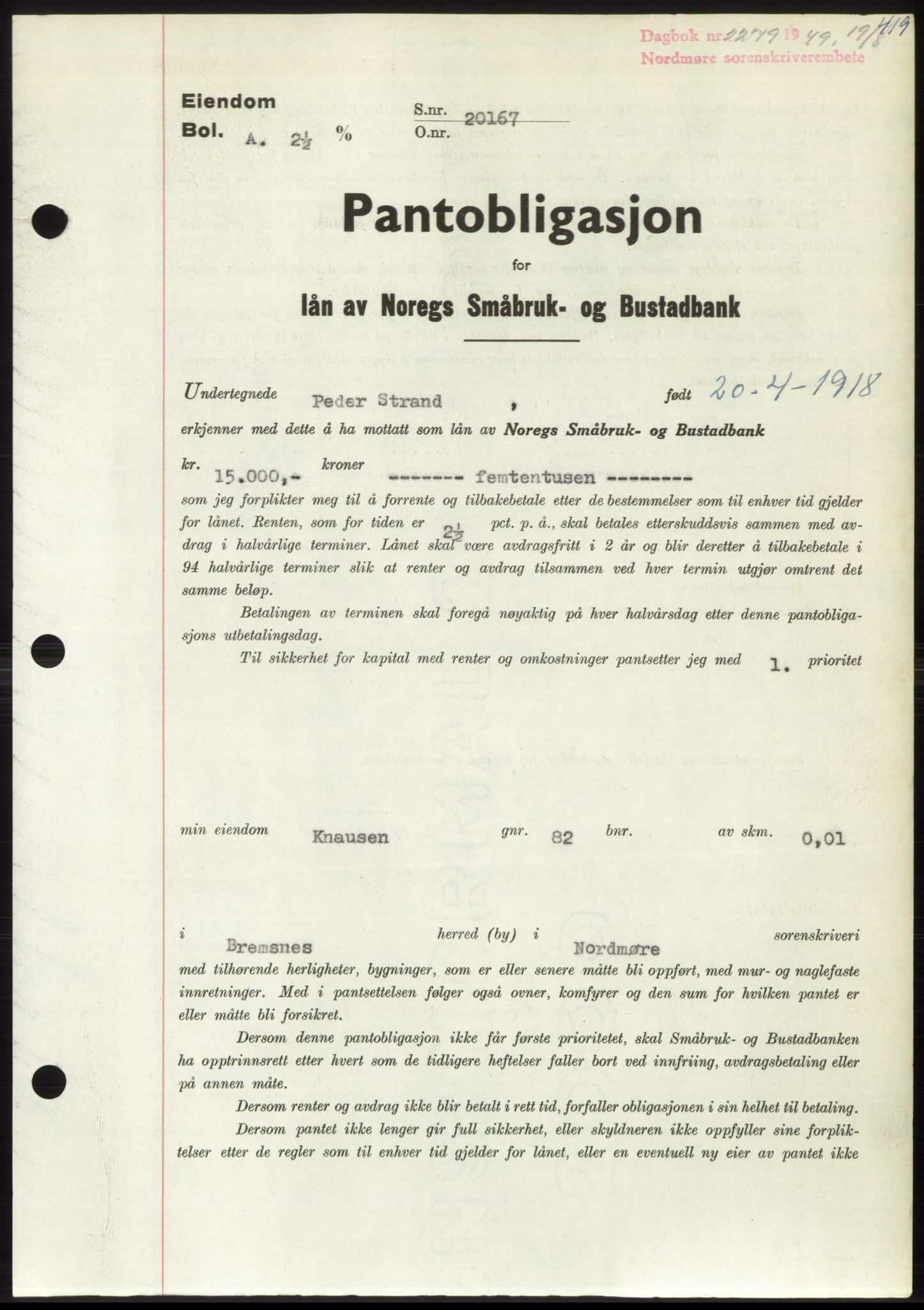 Nordmøre sorenskriveri, SAT/A-4132/1/2/2Ca: Pantebok nr. B102, 1949-1949, Dagboknr: 2279/1949