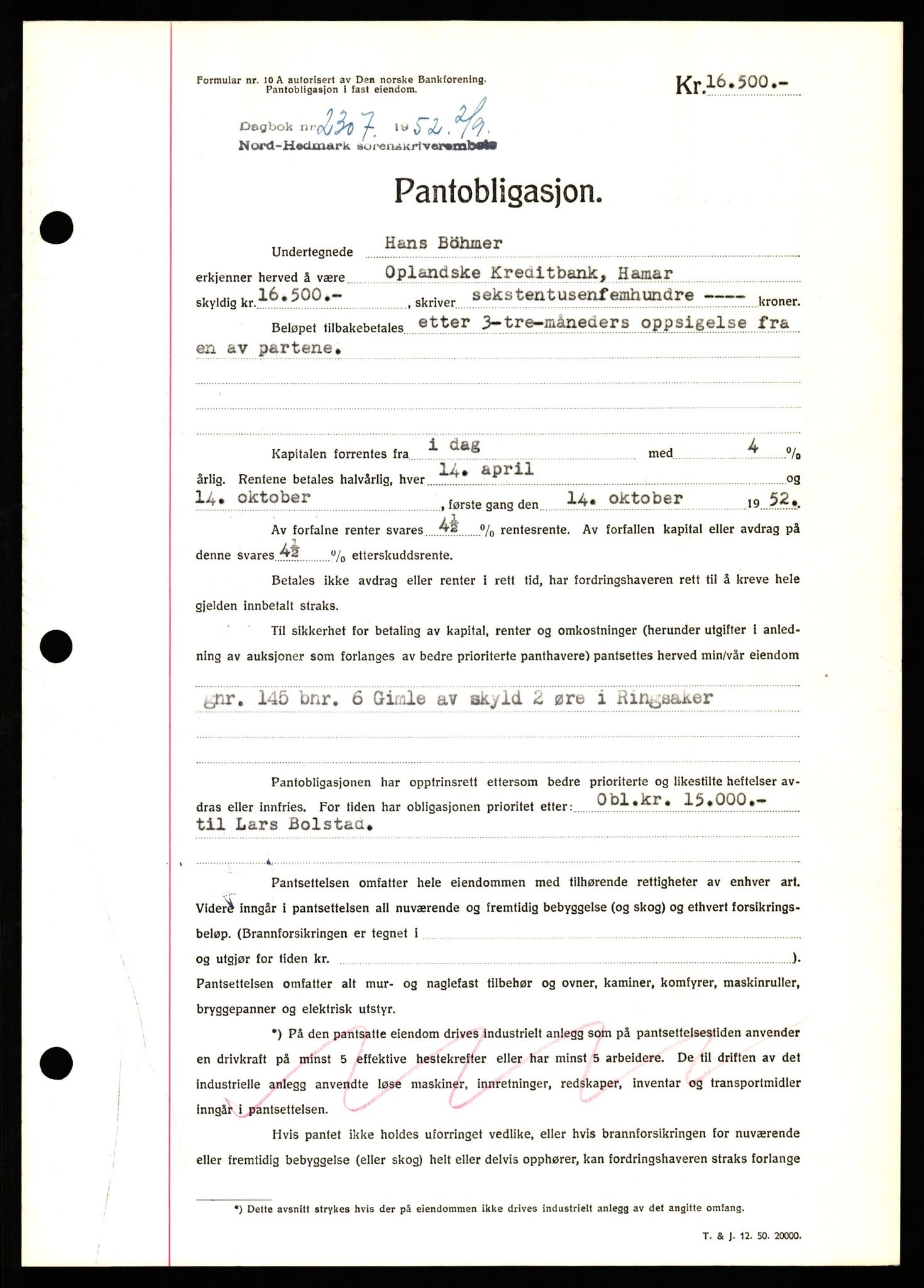 Nord-Hedmark sorenskriveri, SAH/TING-012/H/Hb/Hbf/L0025: Pantebok nr. B25, 1952-1952, Dagboknr: 2307/1952