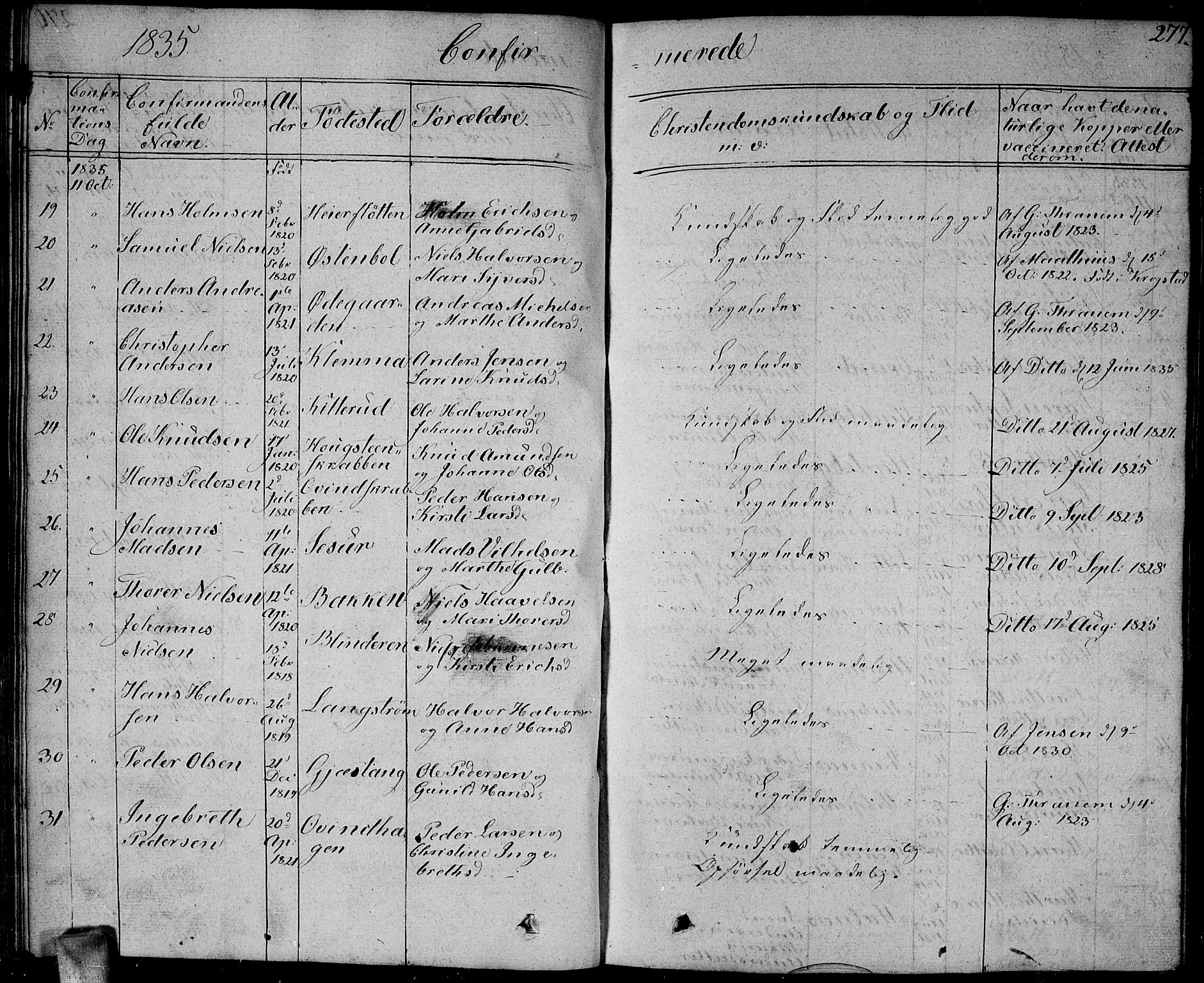 Enebakk prestekontor Kirkebøker, AV/SAO-A-10171c/G/Ga/L0003: Klokkerbok nr. I 3, 1833-1849, s. 277
