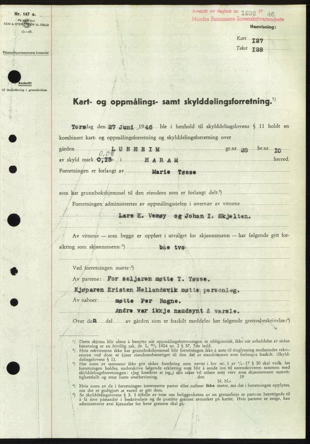 Nordre Sunnmøre sorenskriveri, SAT/A-0006/1/2/2C/2Ca: Pantebok nr. A22, 1946-1946, Dagboknr: 1232/1946
