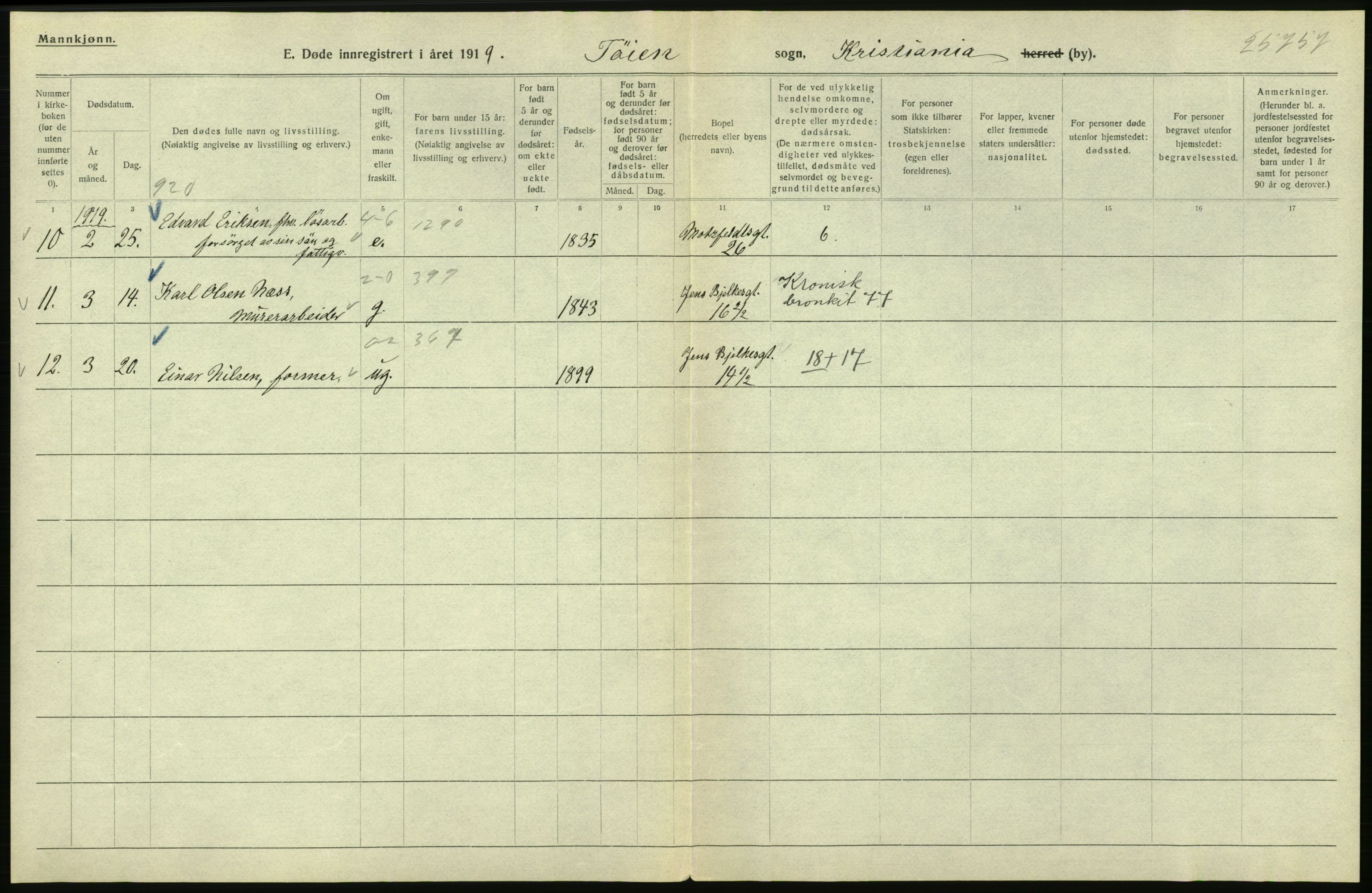 Statistisk sentralbyrå, Sosiodemografiske emner, Befolkning, RA/S-2228/D/Df/Dfb/Dfbi/L0010: Kristiania: Døde, 1919, s. 472