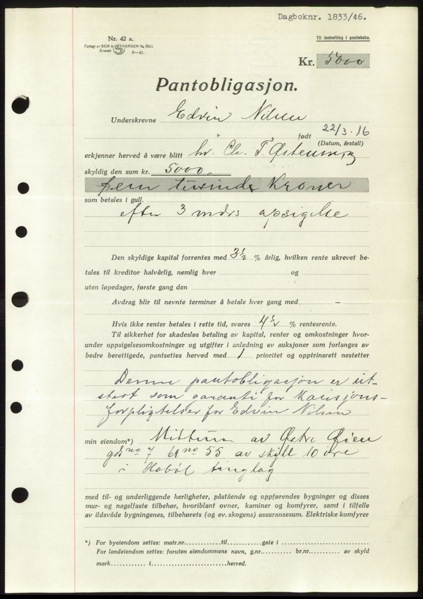 Moss sorenskriveri, SAO/A-10168: Pantebok nr. B15, 1946-1946, Dagboknr: 1833/1946