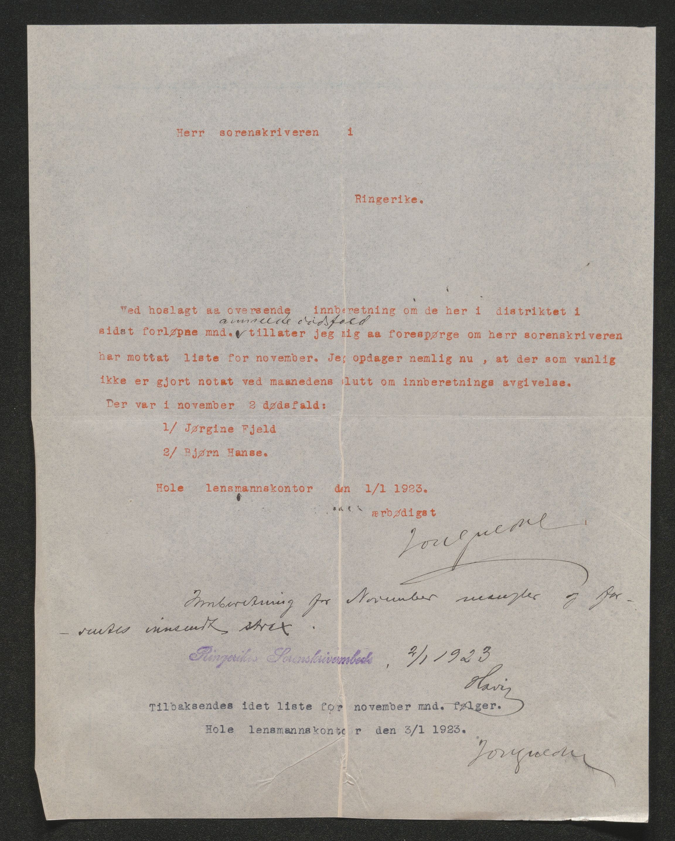 Ringerike sorenskriveri, SAKO/A-105/H/Ha/Hab/L0020: Dødsfallslister Hole, 1918-1925