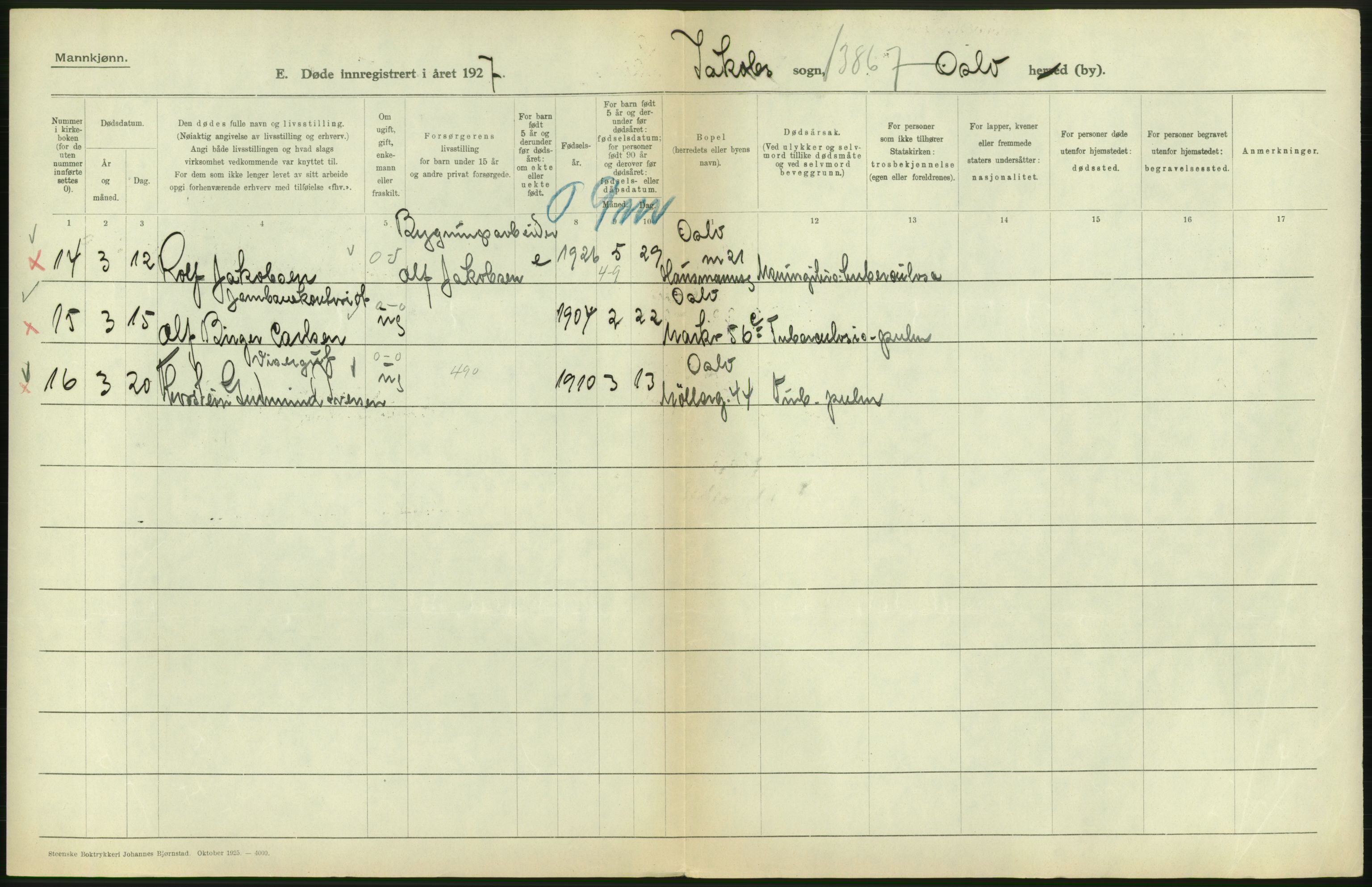 Statistisk sentralbyrå, Sosiodemografiske emner, Befolkning, AV/RA-S-2228/D/Df/Dfc/Dfcg/L0009: Oslo: Døde menn, 1927, s. 396