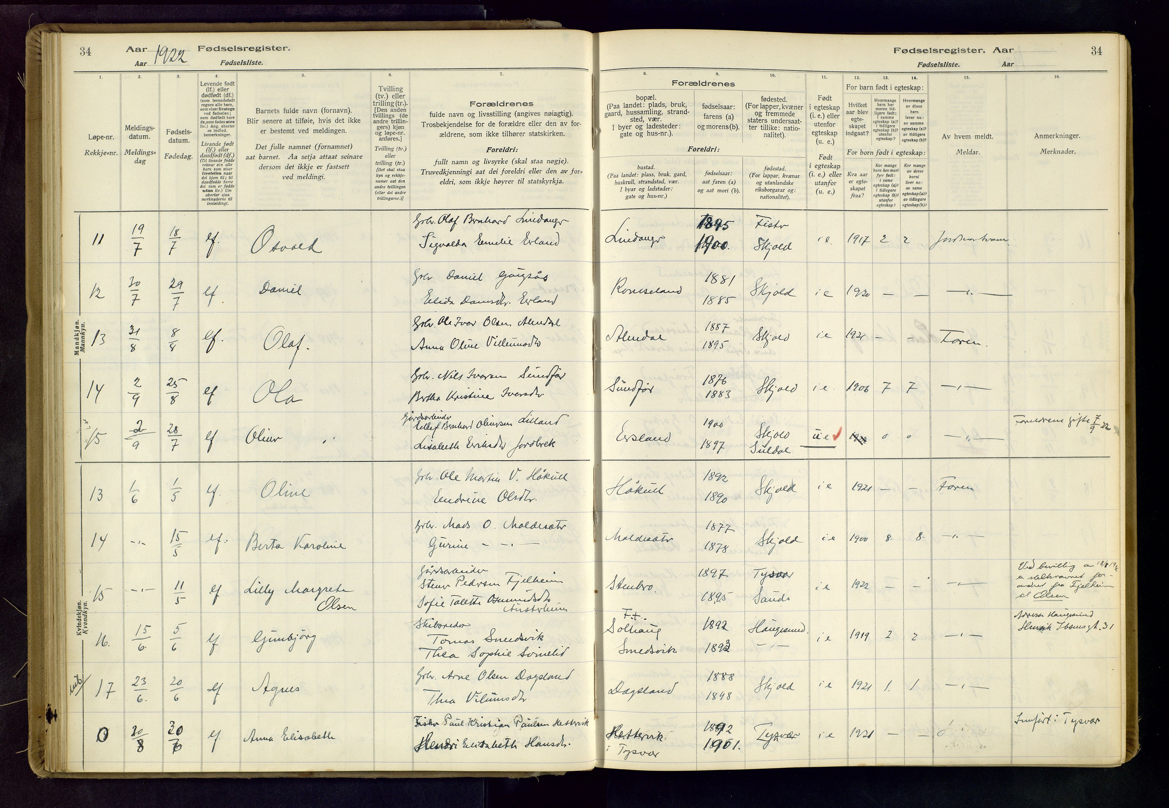 Skjold sokneprestkontor, AV/SAST-A-101847/I/Id/L0001: Fødselsregister nr. 1, 1917-1951, s. 34