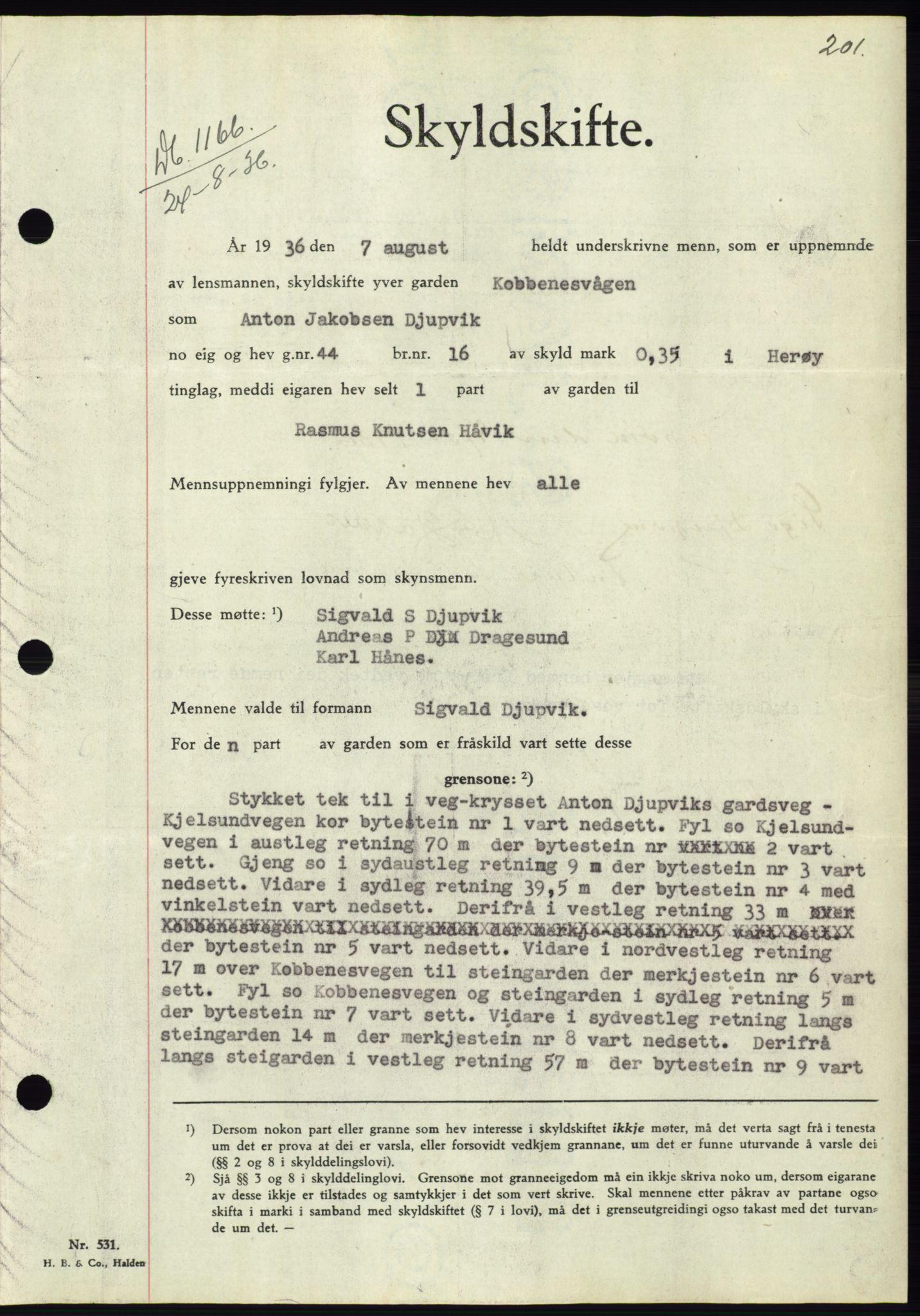 Søre Sunnmøre sorenskriveri, SAT/A-4122/1/2/2C/L0061: Pantebok nr. 55, 1936-1936, Dagboknr: 1166/1936