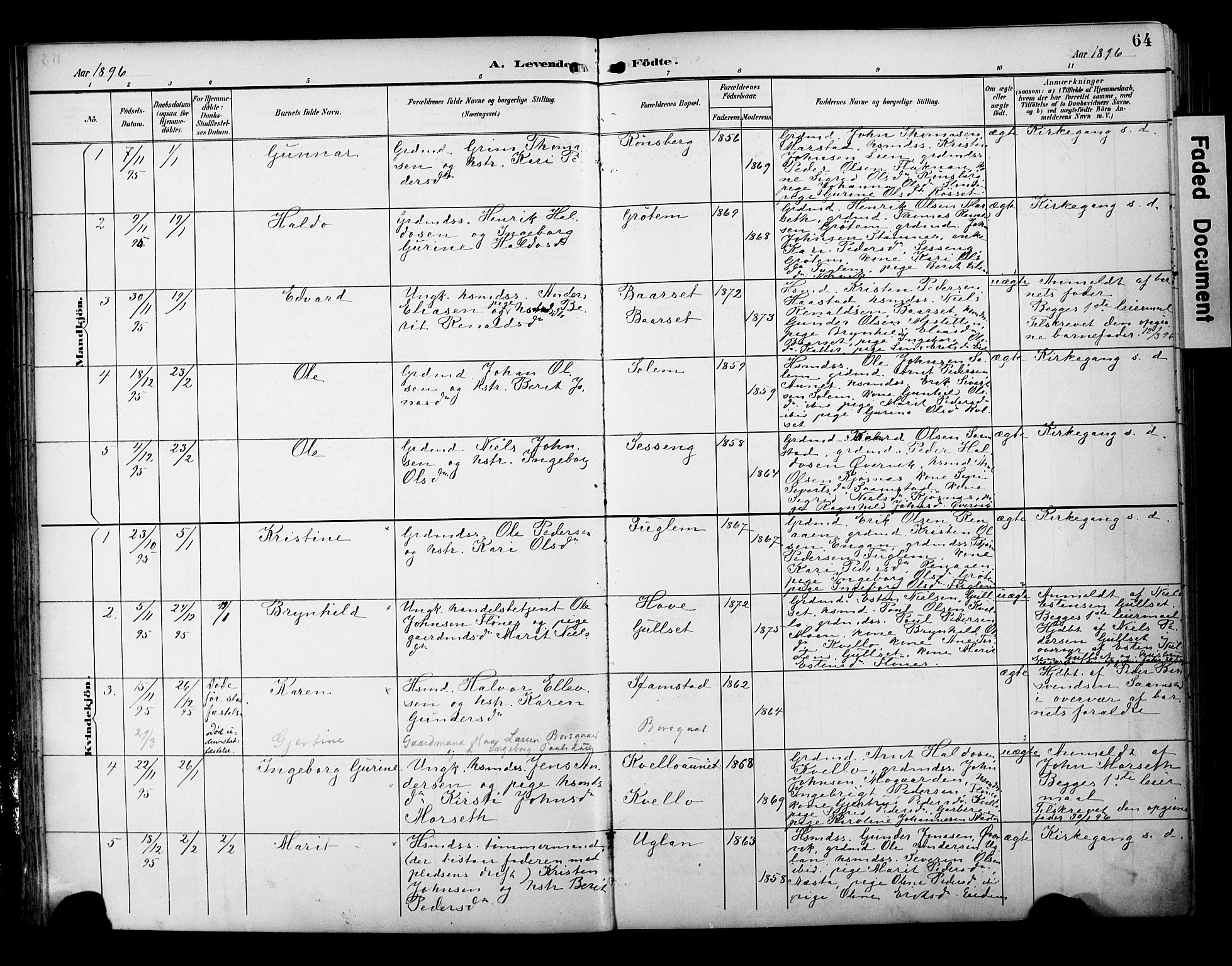 Ministerialprotokoller, klokkerbøker og fødselsregistre - Sør-Trøndelag, AV/SAT-A-1456/695/L1149: Ministerialbok nr. 695A09, 1891-1902, s. 64