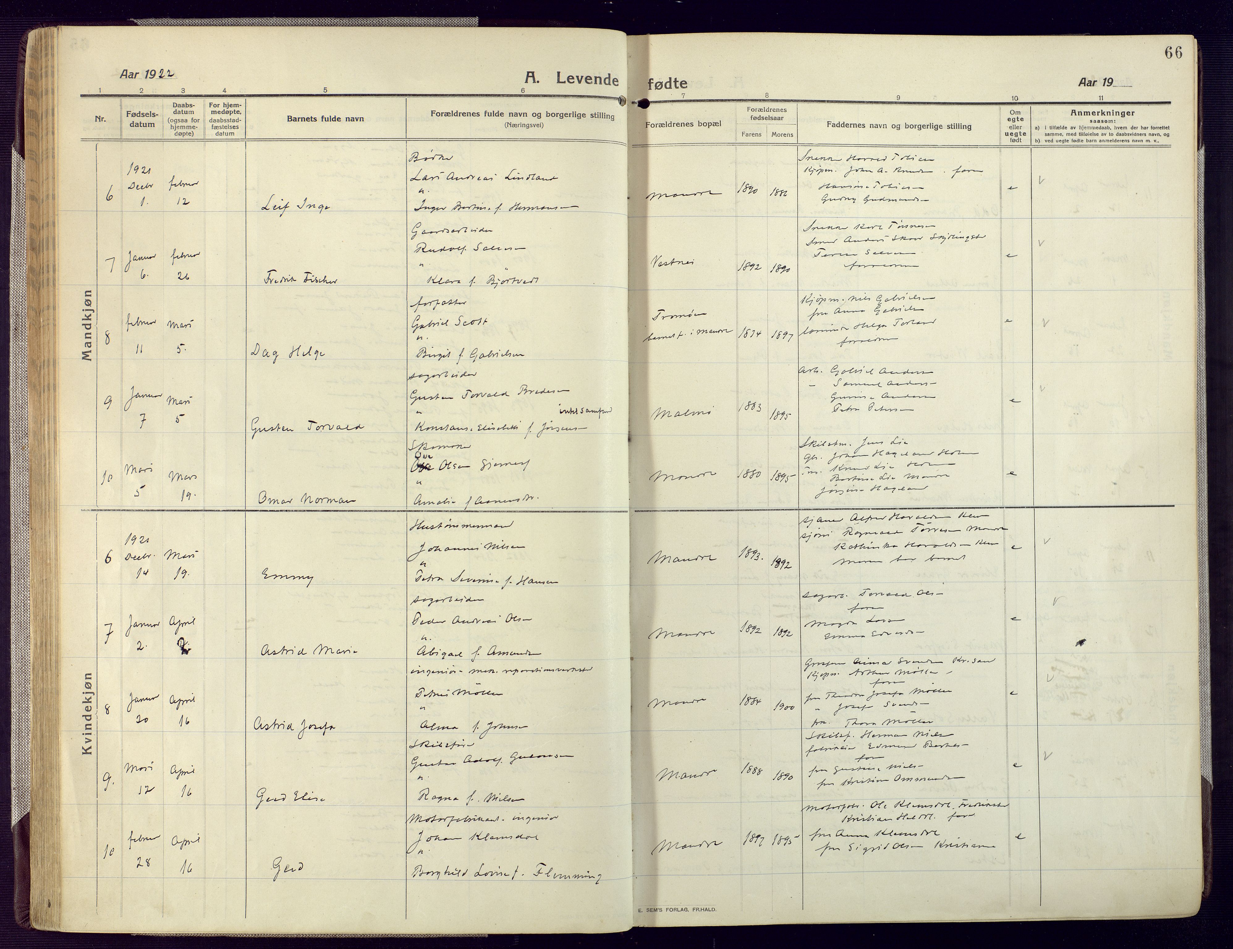 Mandal sokneprestkontor, AV/SAK-1111-0030/F/Fa/Fac/L0001: Ministerialbok nr. A 1, 1913-1925, s. 66