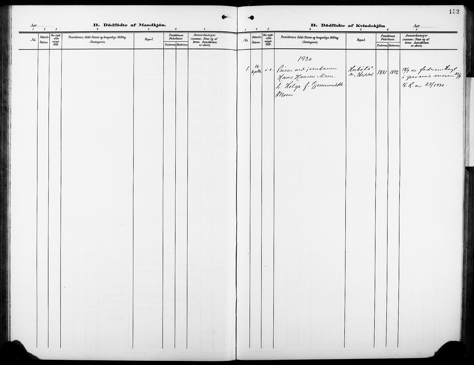 Heddal kirkebøker, AV/SAKO-A-268/G/Ga/L0003: Klokkerbok nr. I 3, 1908-1932, s. 152