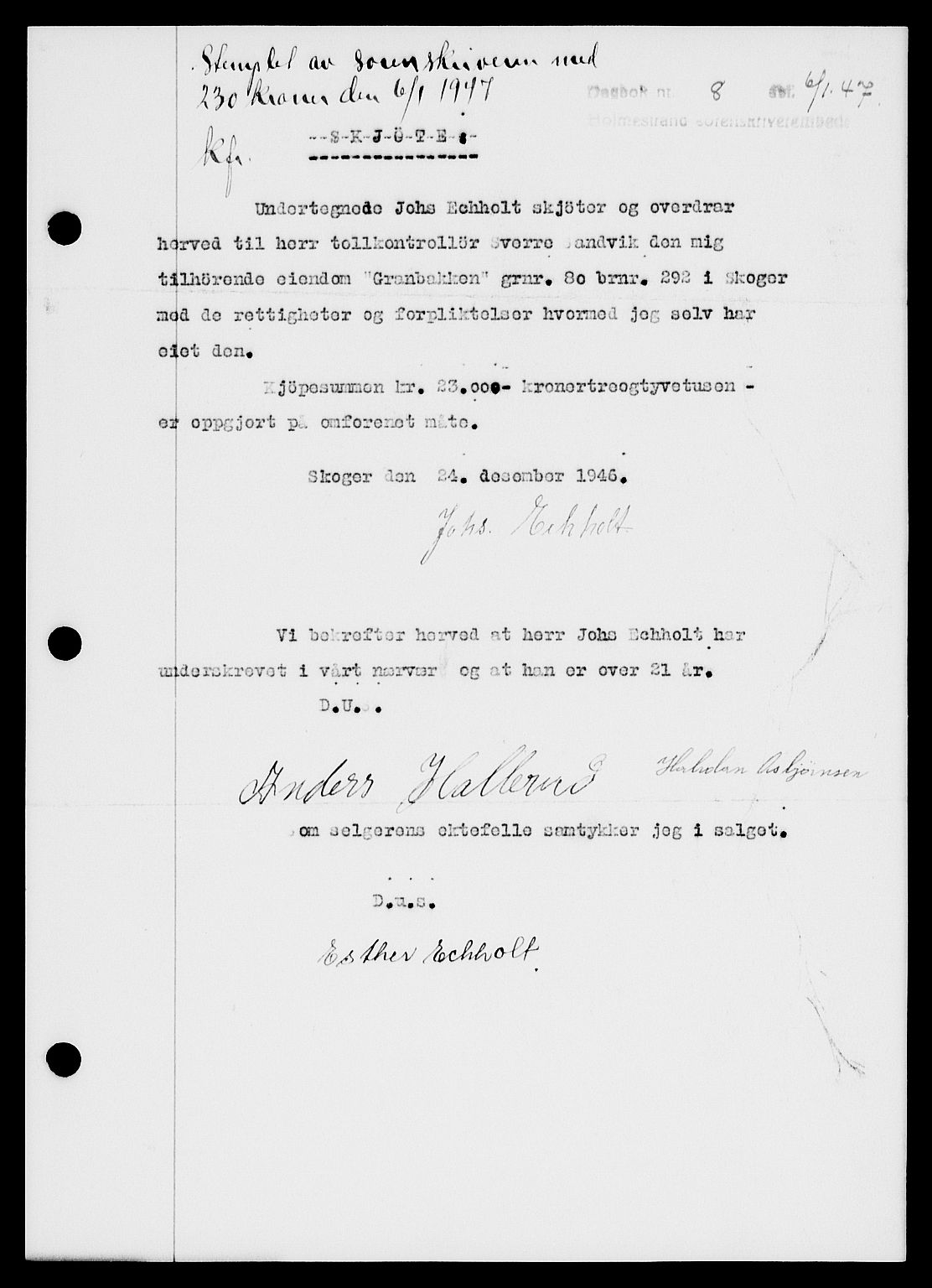 Holmestrand sorenskriveri, SAKO/A-67/G/Ga/Gaa/L0061: Pantebok nr. A-61, 1946-1947, Dagboknr: 8/1947