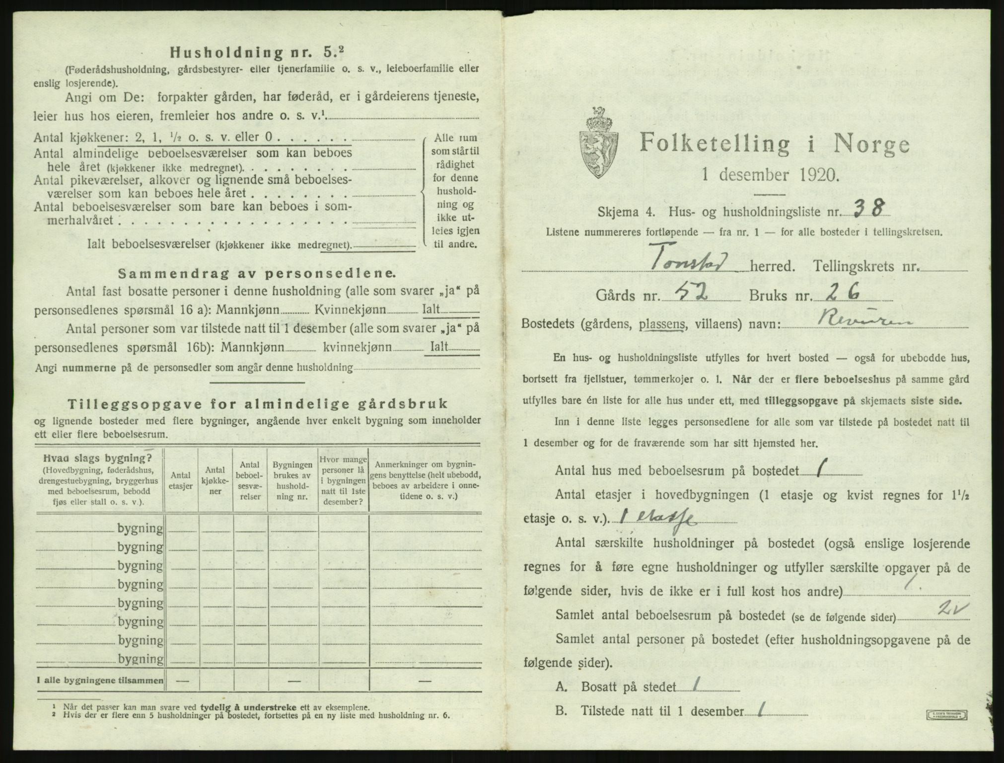 SAK, Folketelling 1920 for 1046 Tonstad herred, 1920, s. 326