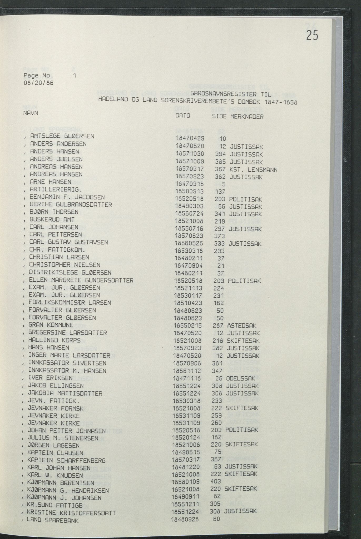 Statsarkivet i Hamar, AV/SAH-SAH-001/H/Hb/L0001/0004: Egne registre og hjelpemidler / Register  til Hadeland og Land sorenskriveri dombok 1 (1847 - 1858), 1847-1858, s. 25