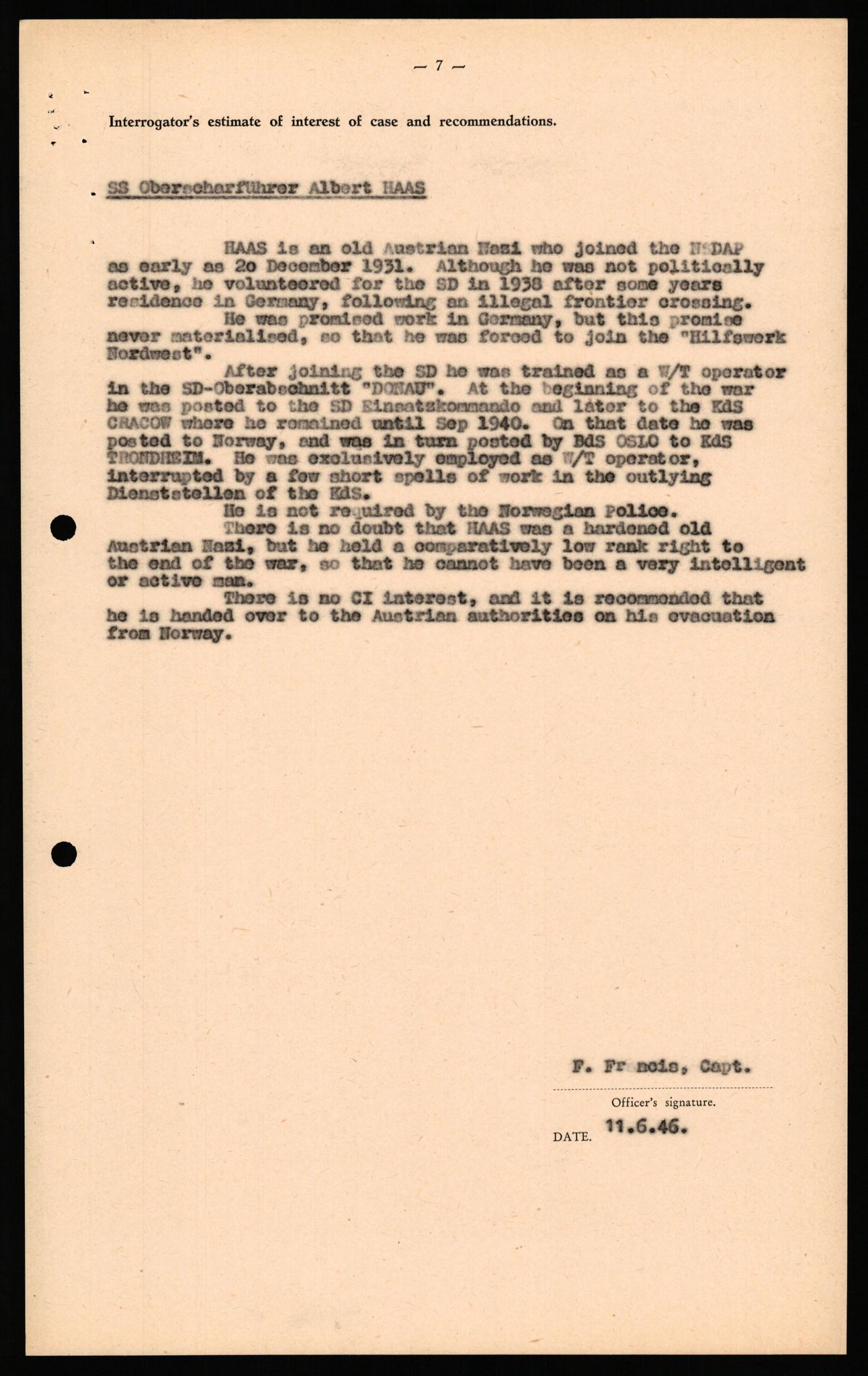 Forsvaret, Forsvarets overkommando II, AV/RA-RAFA-3915/D/Db/L0038: CI Questionaires. Tyske okkupasjonsstyrker i Norge. Østerrikere., 1945-1946, s. 407